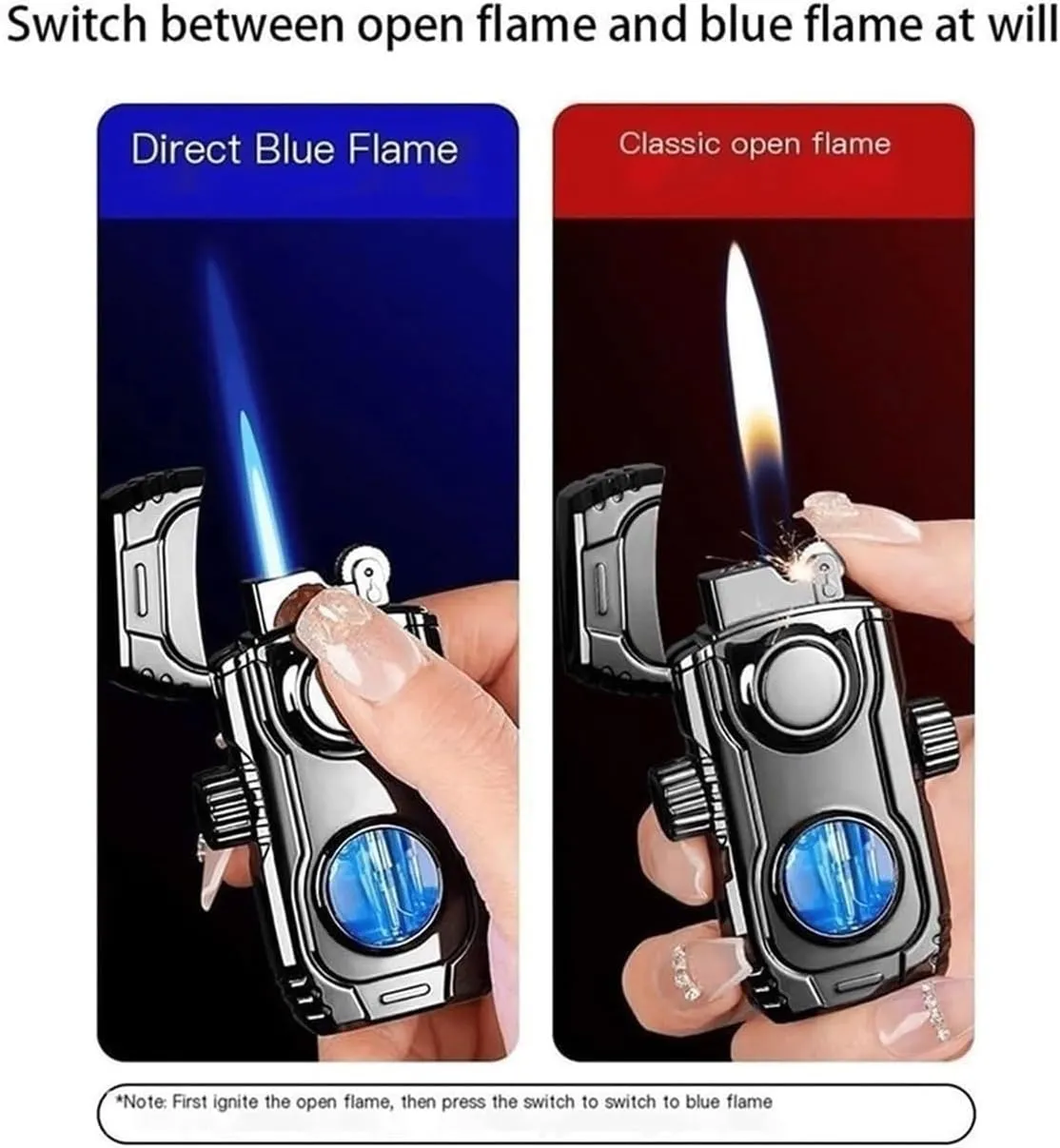 Windproof Torch Dual Flame Butane Lighter with Visible Fuel Window and Switchable Flame for Outdoor Camping(Blue)