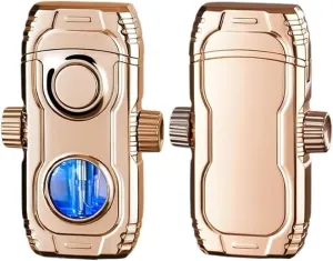 Windproof Torch Dual Flame Butane Lighter with Visible Fuel Window and Switchable Flame for Outdoor Camping(Gold)