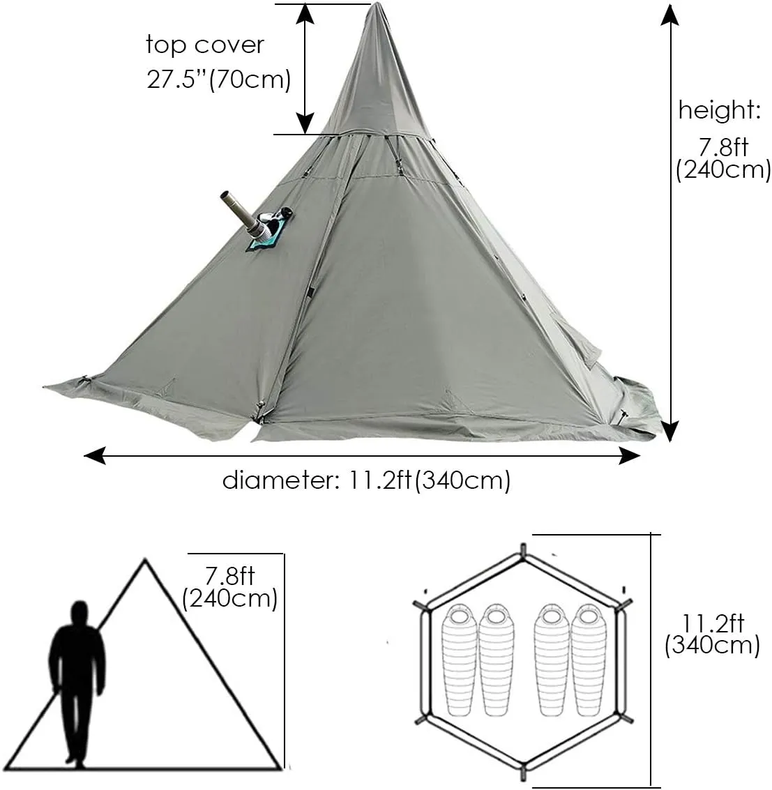 WINTENT 4 Season Waterproof Teepee Tent Yurt with Stove Jack for Adult Camping Hiking, Height 7.8FT/240CM