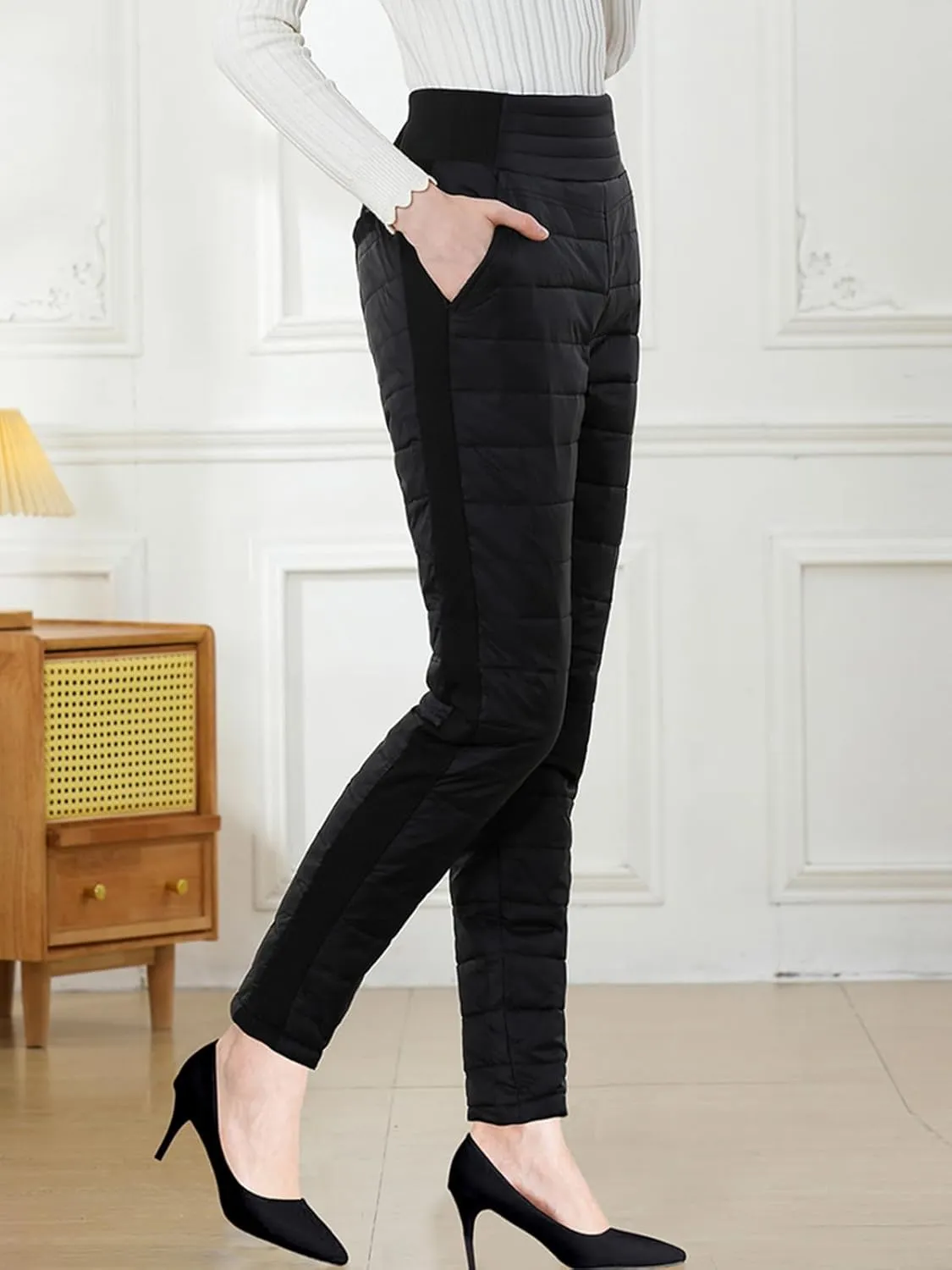 Womens Down Pants Winter Warm Elastic High Waist Quilted Ultralight Puffy Snow Ski Pants Trousers