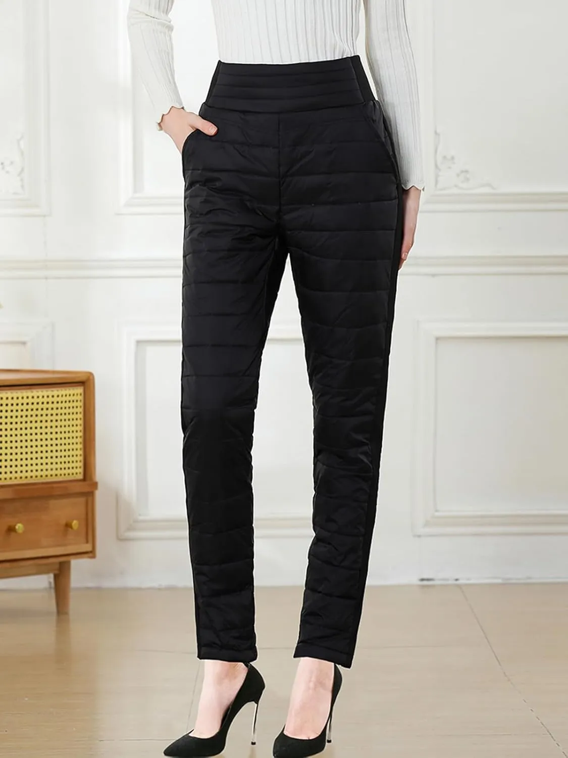 Womens Down Pants Winter Warm Elastic High Waist Quilted Ultralight Puffy Snow Ski Pants Trousers