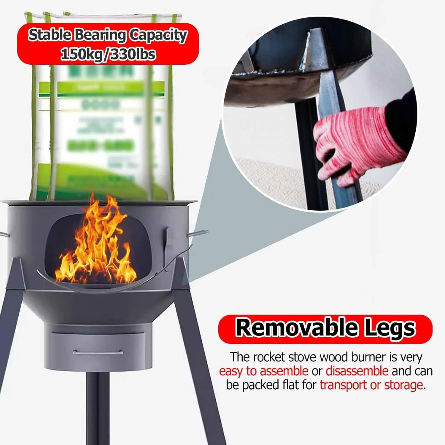 Wood Burning Rocket Stove Camping - 41 61cm Tall Hot Tent Stove w/Detachable Legs for Heating and Cooking - Pot Belly Stove Ideal for Outdoor Picnic, BBQ, Hunting, Fishing