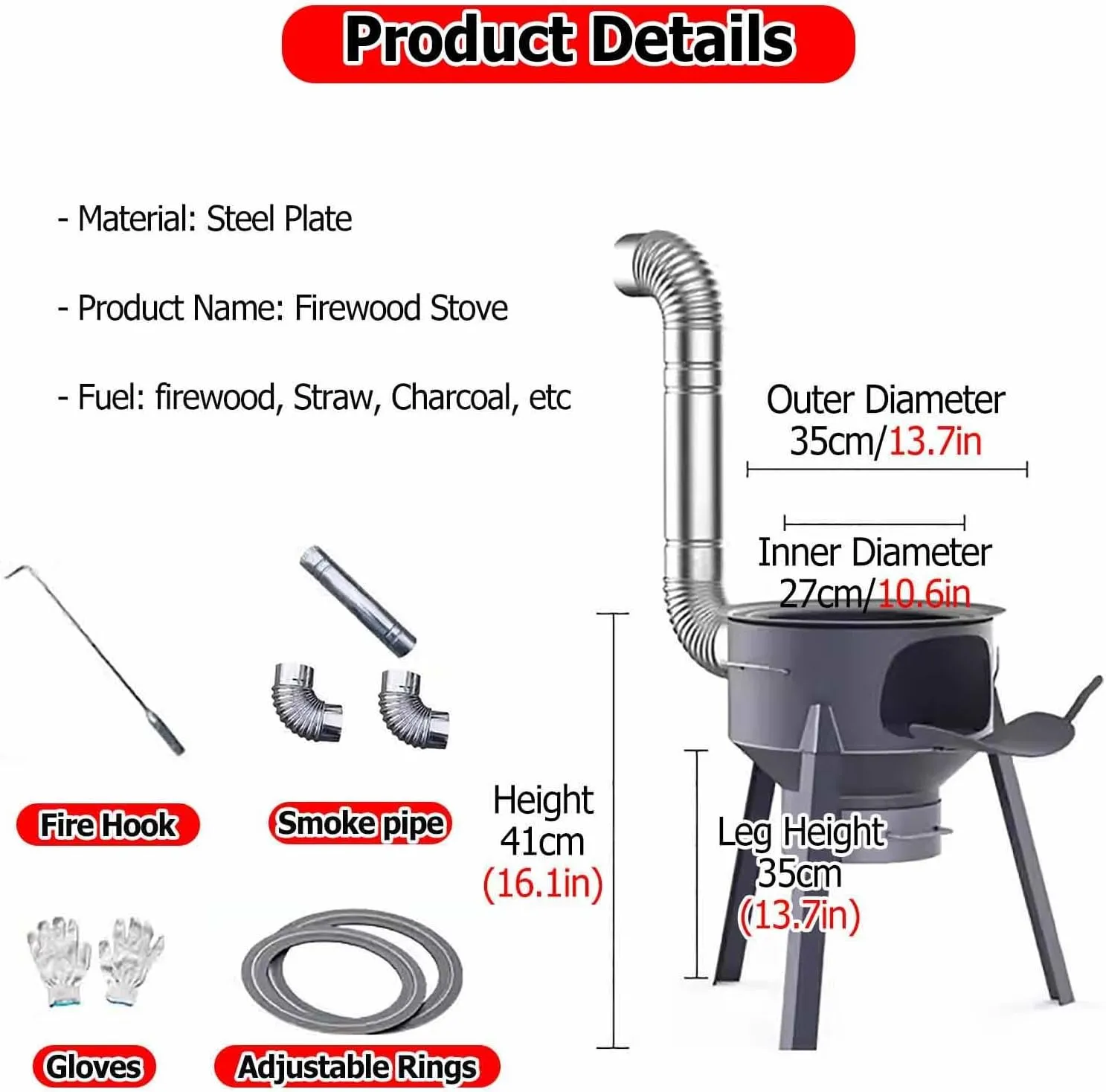 Wood Burning Rocket Stove Camping - 41 61cm Tall Hot Tent Stove w/Detachable Legs for Heating and Cooking - Pot Belly Stove Ideal for Outdoor Picnic, BBQ, Hunting, Fishing