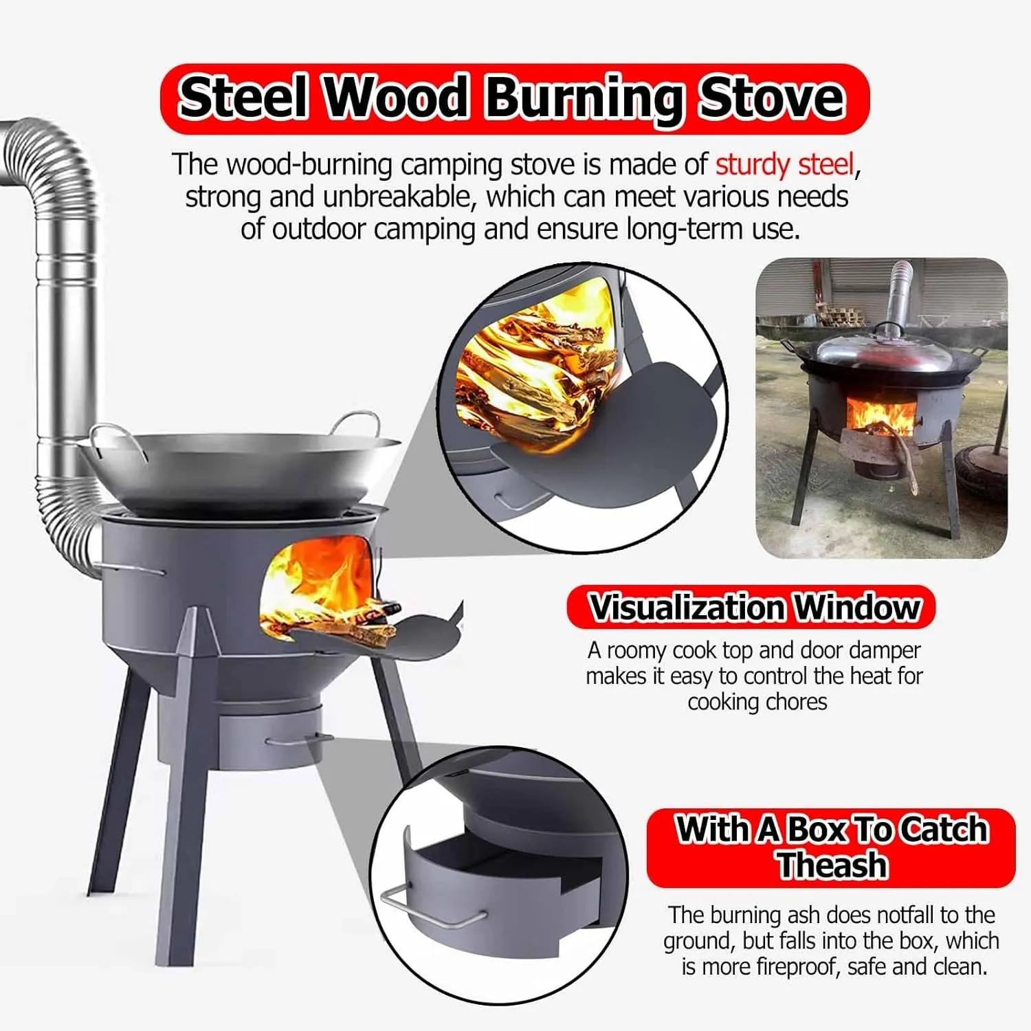 Wood Burning Rocket Stove Camping - 41 61cm Tall Hot Tent Stove w/Detachable Legs for Heating and Cooking - Pot Belly Stove Ideal for Outdoor Picnic, BBQ, Hunting, Fishing
