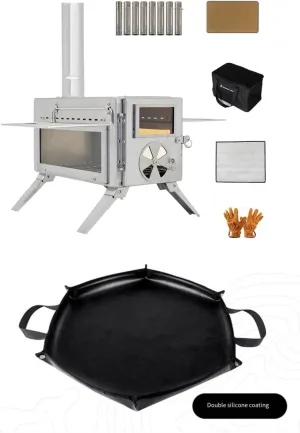 Wood Stove-Camping Wood Stove Include View Glass, Portable Wood Stove With 8 Stainless Steel Insulated Chimneys for Shelter, Hunting, Outdoor Cooking and Heating (304 Stainsteel)   Camping Fireproof