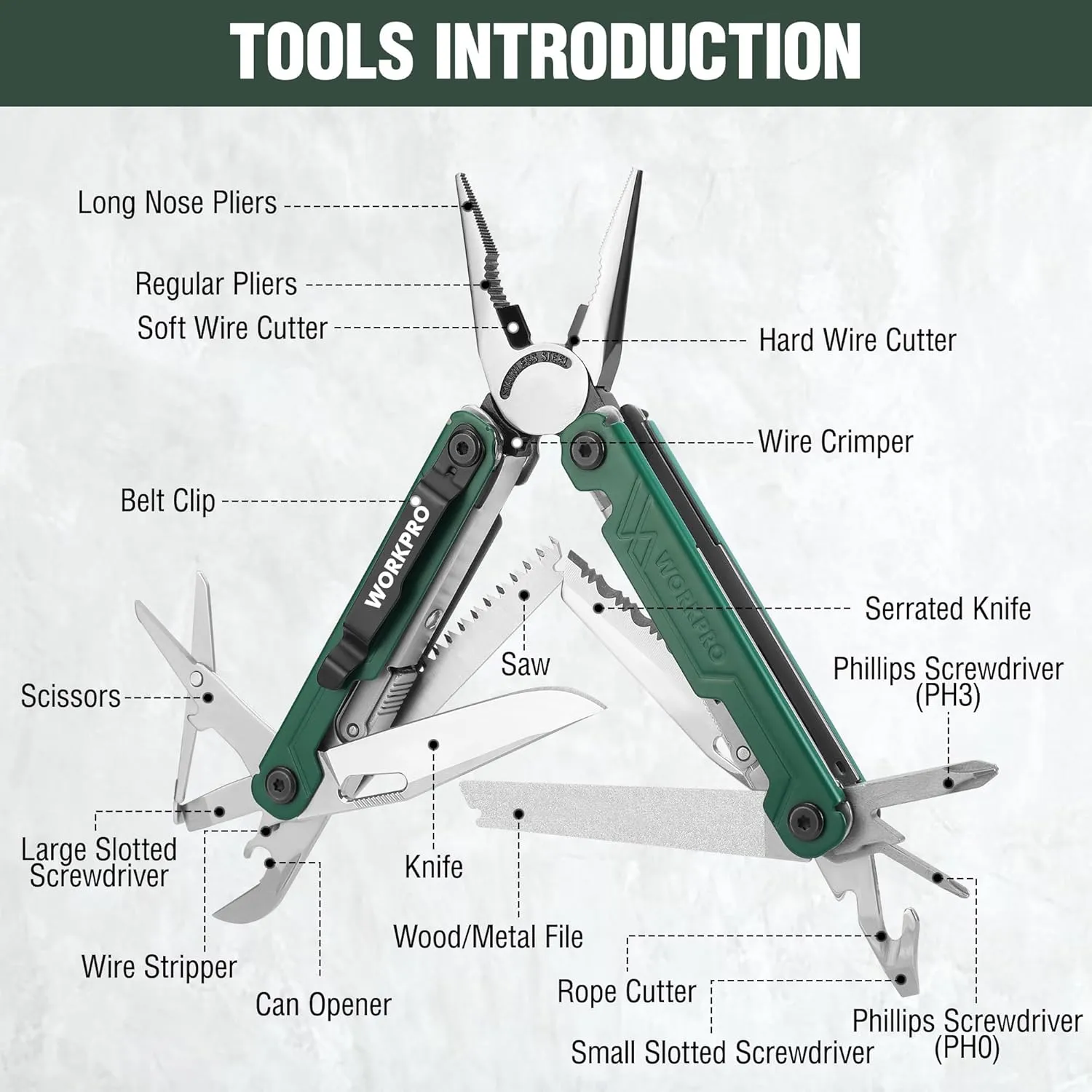 WORKPRO 18-in-1 Multi Tool Pliers, Stainless Steel EDC Multitool with Pocket Knife, 2 Safety Locks, Belt Clip and Oxford Pouch, Utility Multiuse Tool for Camping