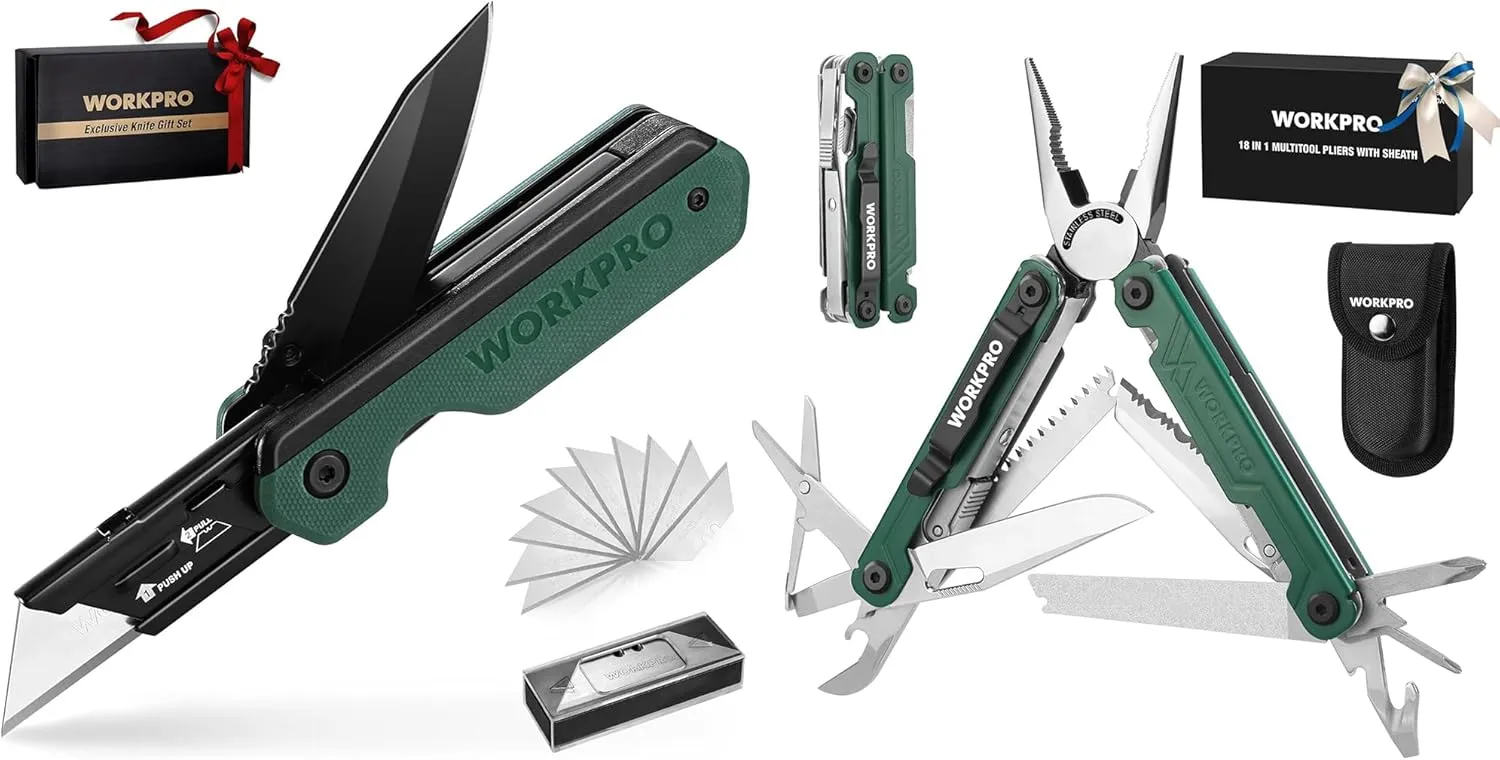 WORKPRO 2-in-1 Folding Knife/Utility Knife - Gifts for Dad & 18-in-1 Multi Tool Pliers, Green