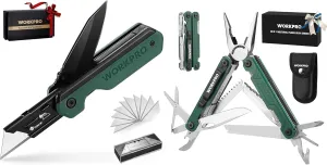 WORKPRO 2-in-1 Folding Knife/Utility Knife - Gifts for Dad & 18-in-1 Multi Tool Pliers, Green