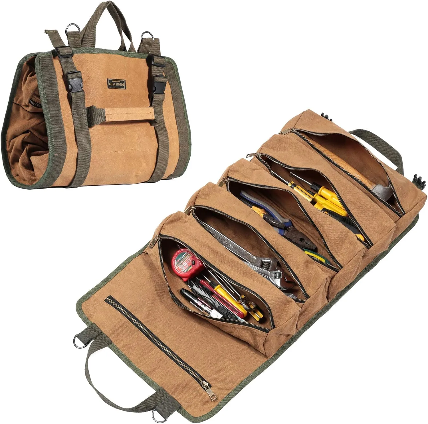 Wrench Tool Roll Bag, Heavy Duty Waxed Canvas Multi-Purpose Tool Organize Bag with 6 Zipper Pockets (Khaki)