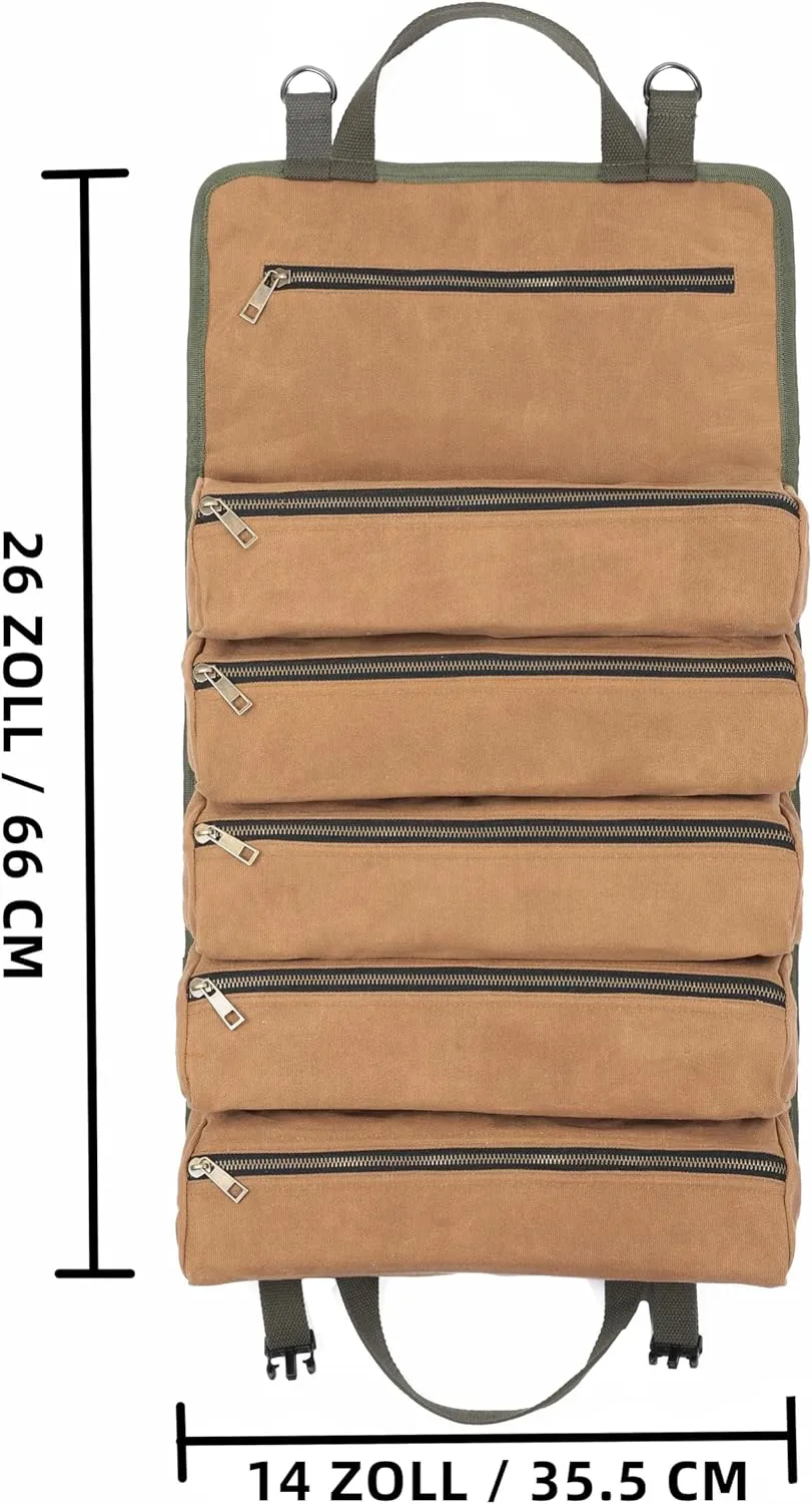 Wrench Tool Roll Bag, Heavy Duty Waxed Canvas Multi-Purpose Tool Organize Bag with 6 Zipper Pockets (Khaki)