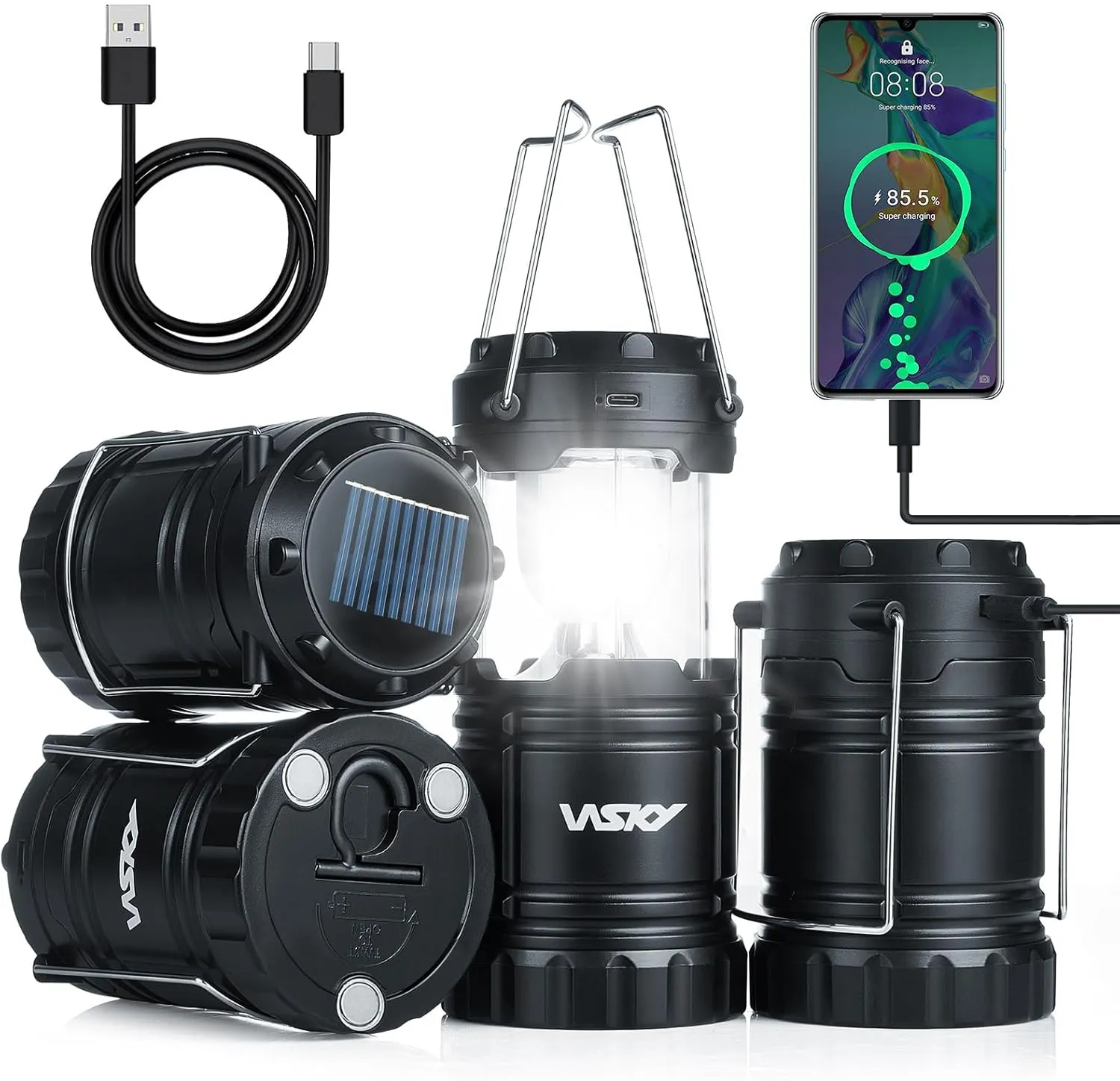 Wsky Solar Camping Lantern 4-Pack - Rechargeable LED Lights, Magnetic Base & Foldable Hanging Hook- Collapsible Lamp Battery Powered Perfect for Power Outages, Hiking, Campsites, Emergencies
