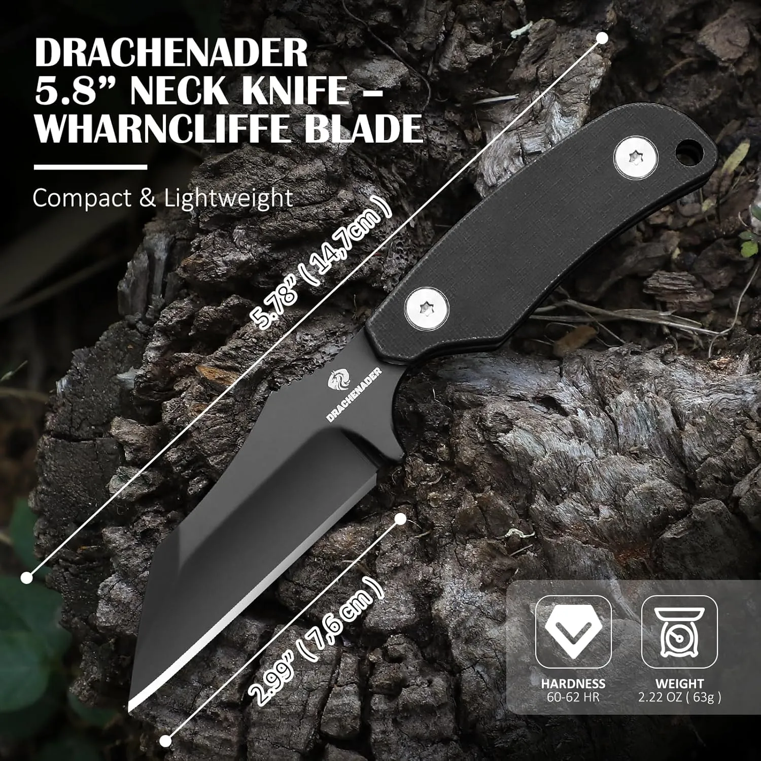 X-WH 5.78" Neck Knife with Sheath and Necklace, D2 Steel EDC Mini Fixed Blade Knife Horizontal Carry Full Tang Small Wharncliffe Knife with G10 Handle