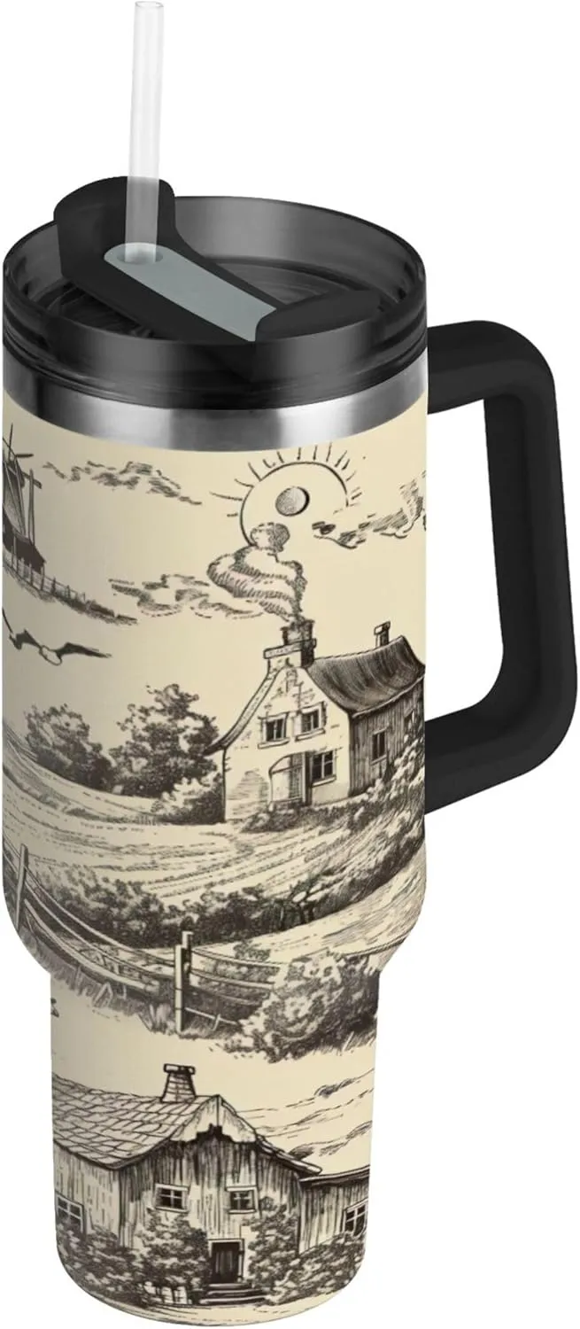 xigua 30 oz Landscape with Windmill Tumbler with Handle and Straw Lid, Stainless Steel Vacuum Insulated Sports Water Bottle, Keeps Cold or Hot Coffee Cup Travel Mug