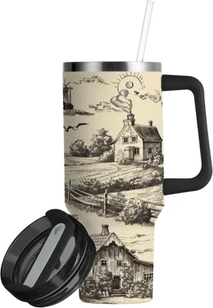 xigua 30 oz Landscape with Windmill Tumbler with Handle and Straw Lid, Stainless Steel Vacuum Insulated Sports Water Bottle, Keeps Cold or Hot Coffee Cup Travel Mug
