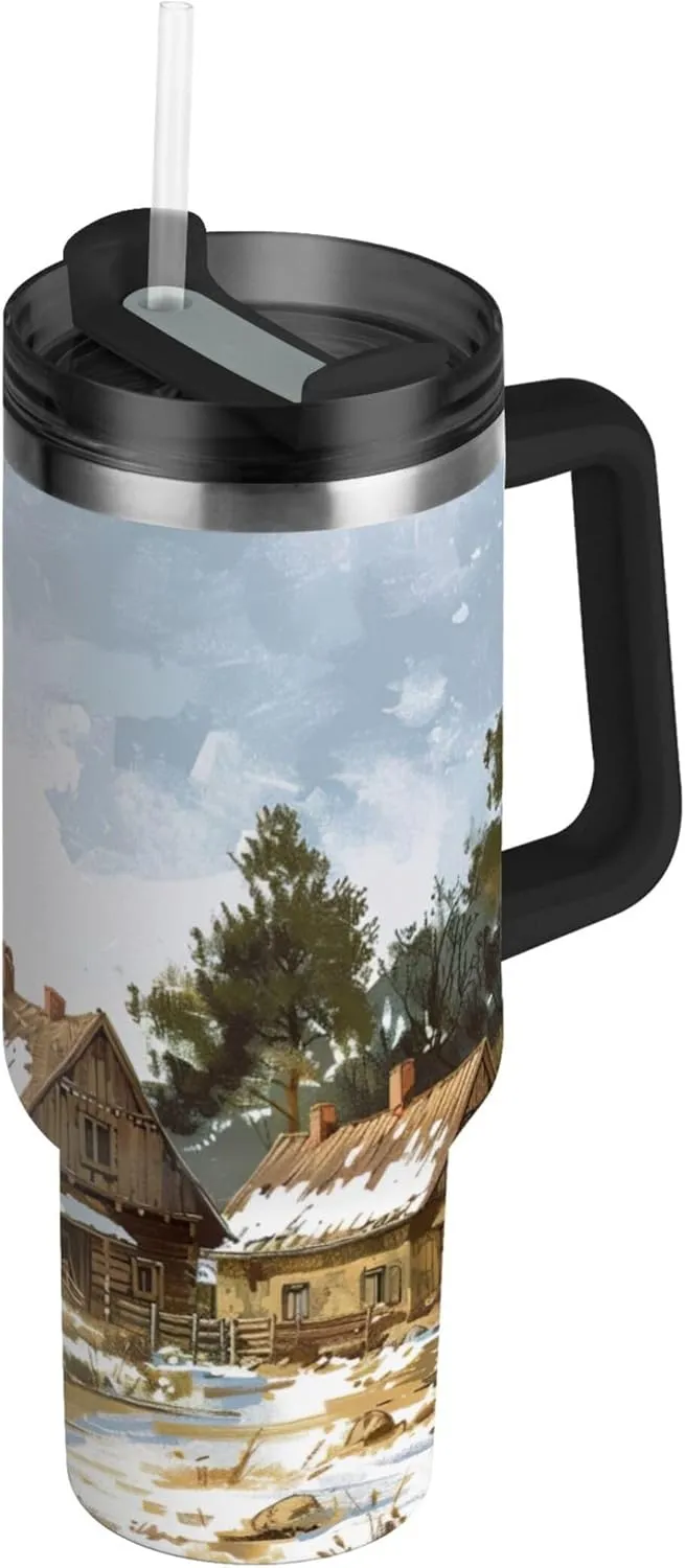 xigua 40 oz Village with Horses Tumbler with Handle and Straw Lid, Stainless Steel Vacuum Insulated Sports Water Bottle, Keeps Cold or Hot Coffee Cup Travel Mug