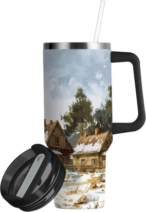 xigua 40 oz Village with Horses Tumbler with Handle and Straw Lid, Stainless Steel Vacuum Insulated Sports Water Bottle, Keeps Cold or Hot Coffee Cup Travel Mug