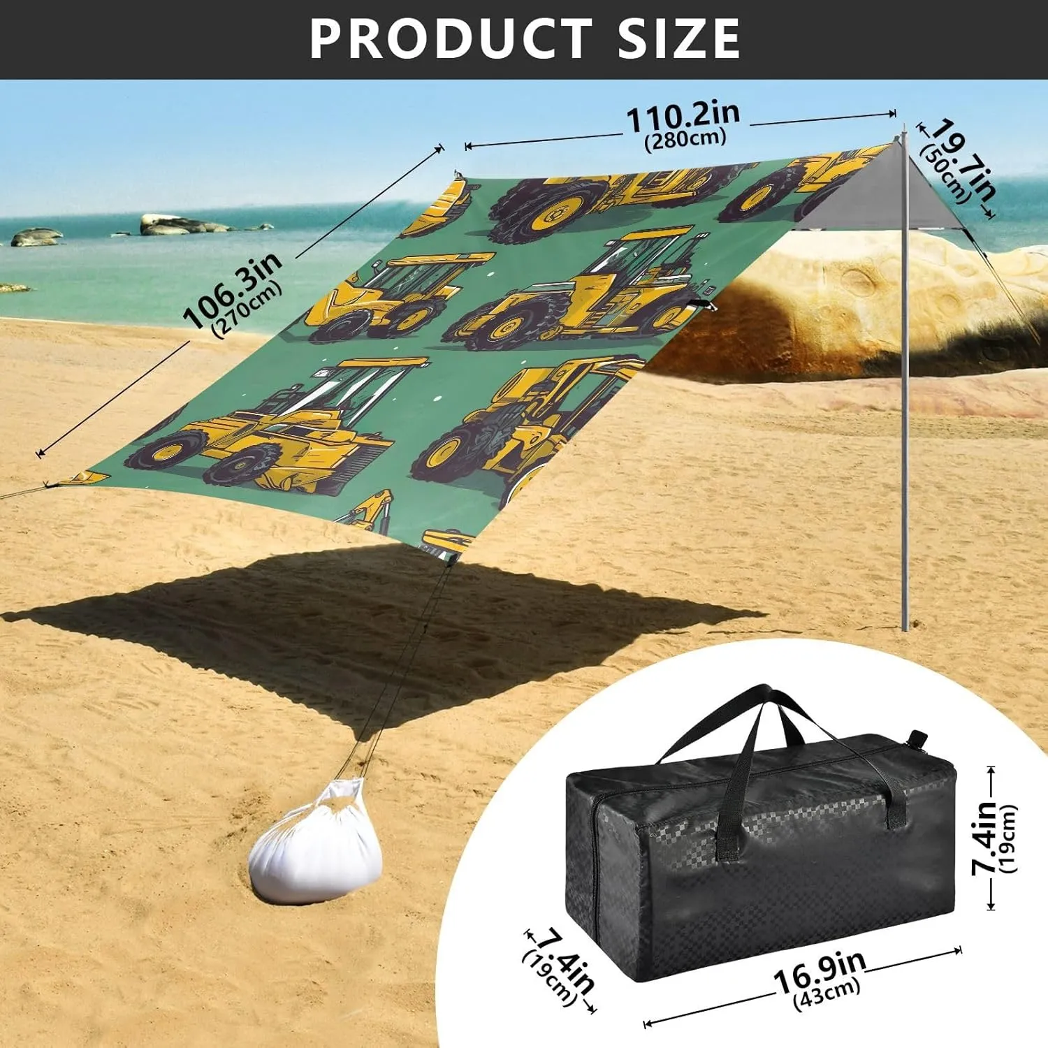 Yellow Excavator Print Beach Tent Canopy 9.2 × 10.5 FT Patio Sun Shade Outdoor for Adults Wind Sail Shade Camping Sun Shelter with Poles Sand Anchor