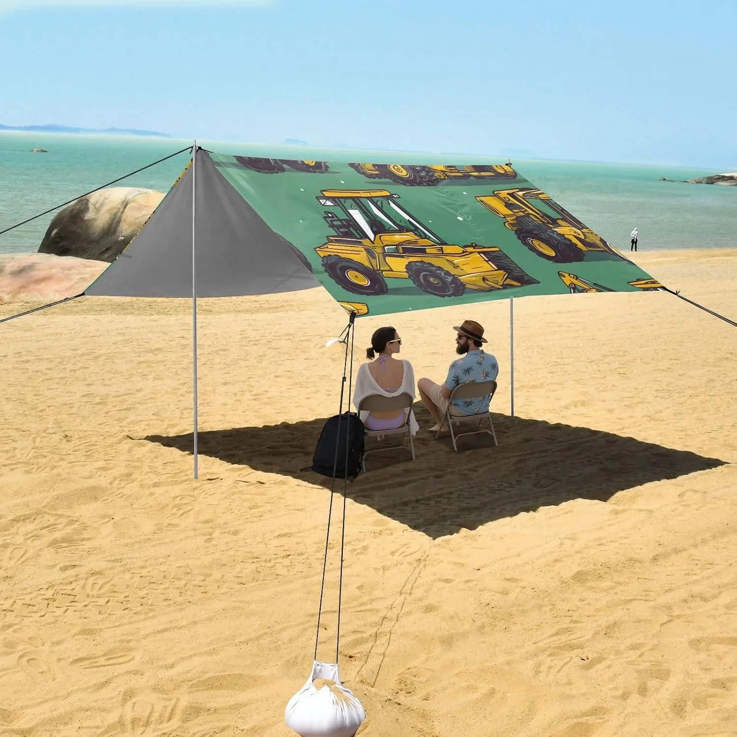 Yellow Excavator Print Beach Tent Canopy 9.2 × 10.5 FT Patio Sun Shade Outdoor for Adults Wind Sail Shade Camping Sun Shelter with Poles Sand Anchor