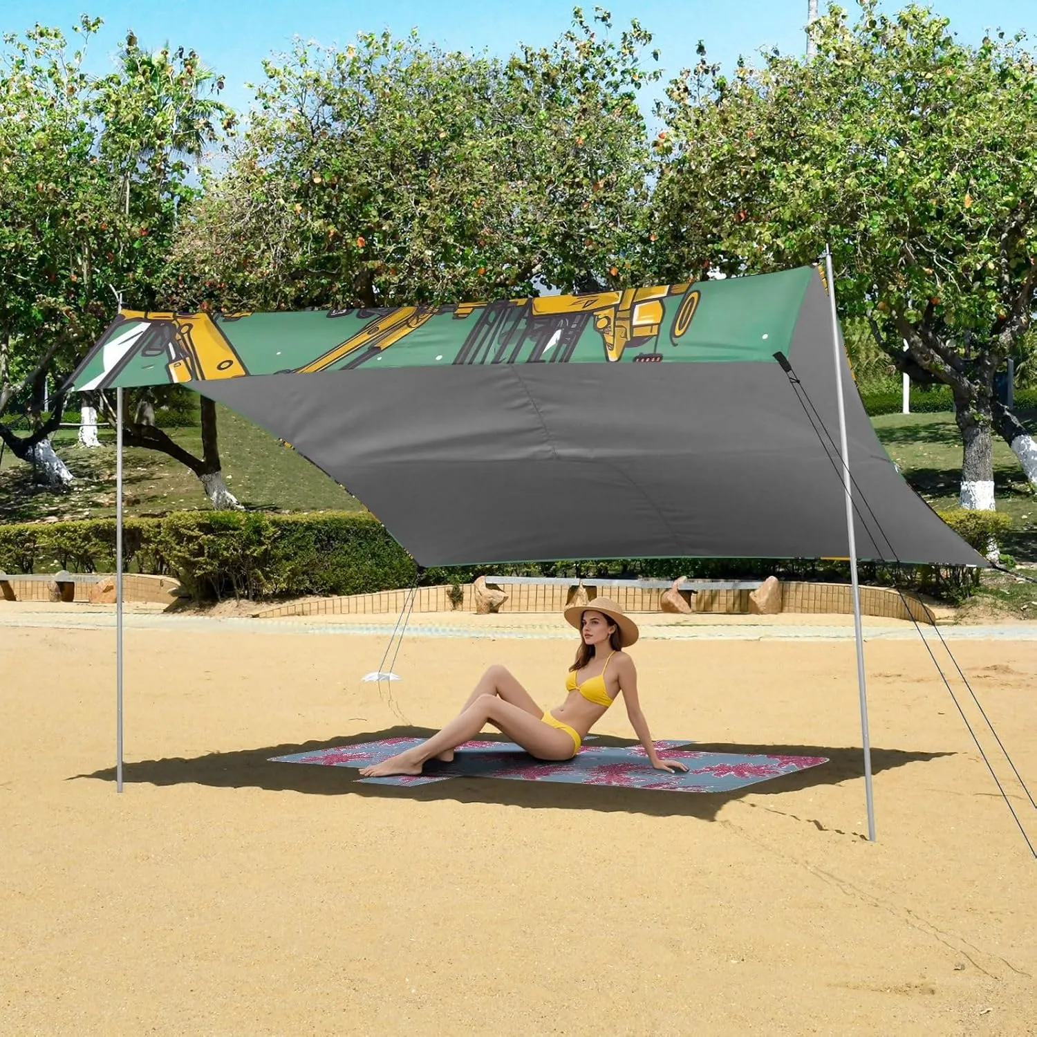 Yellow Excavator Print Beach Tent Canopy 9.2 × 10.5 FT Patio Sun Shade Outdoor for Adults Wind Sail Shade Camping Sun Shelter with Poles Sand Anchor
