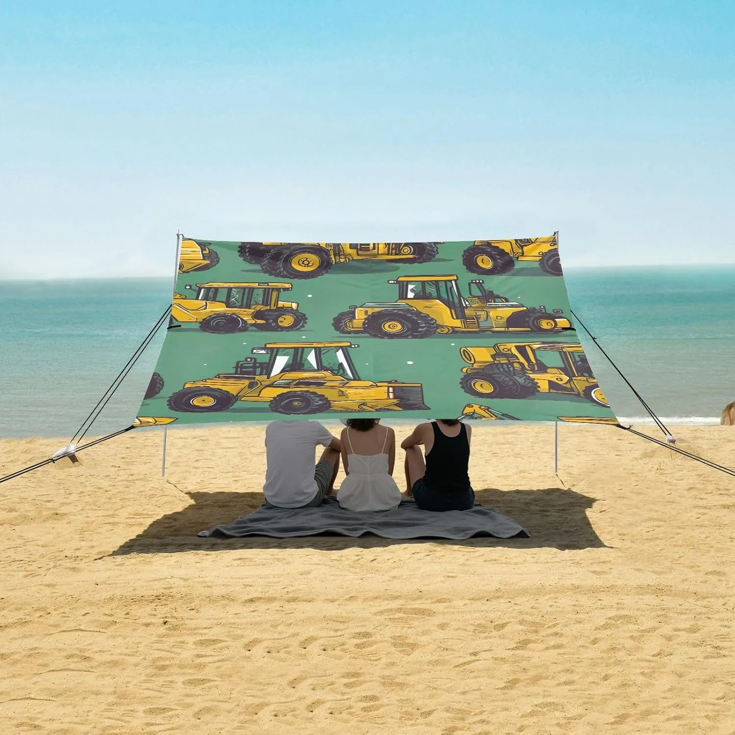 Yellow Excavator Print Beach Tent Canopy 9.2 × 10.5 FT Patio Sun Shade Outdoor for Adults Wind Sail Shade Camping Sun Shelter with Poles Sand Anchor