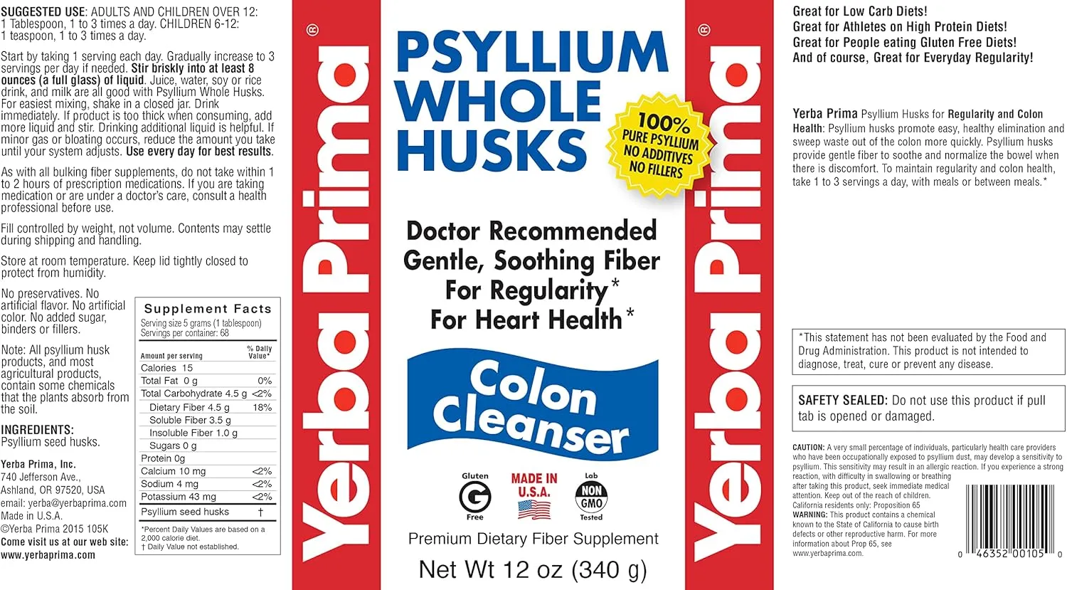 Yerba Prima Psyllium Husk, 12 Ounce (Pack of 3) - Whole Husk Fiber Supplement for Regularity, Colon Cleansing, Natural Support for Gut Health, Non GMO, Gluten Free, Vegan, No Sweeteners