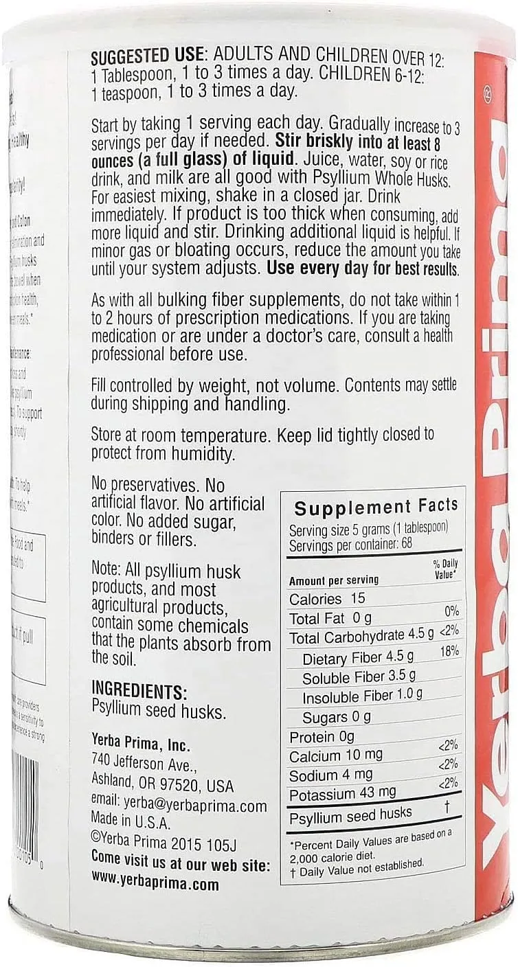 Yerba Prima Psyllium Husk, 12 Ounce (Pack of 3) - Whole Husk Fiber Supplement for Regularity, Colon Cleansing, Natural Support for Gut Health, Non GMO, Gluten Free, Vegan, No Sweeteners