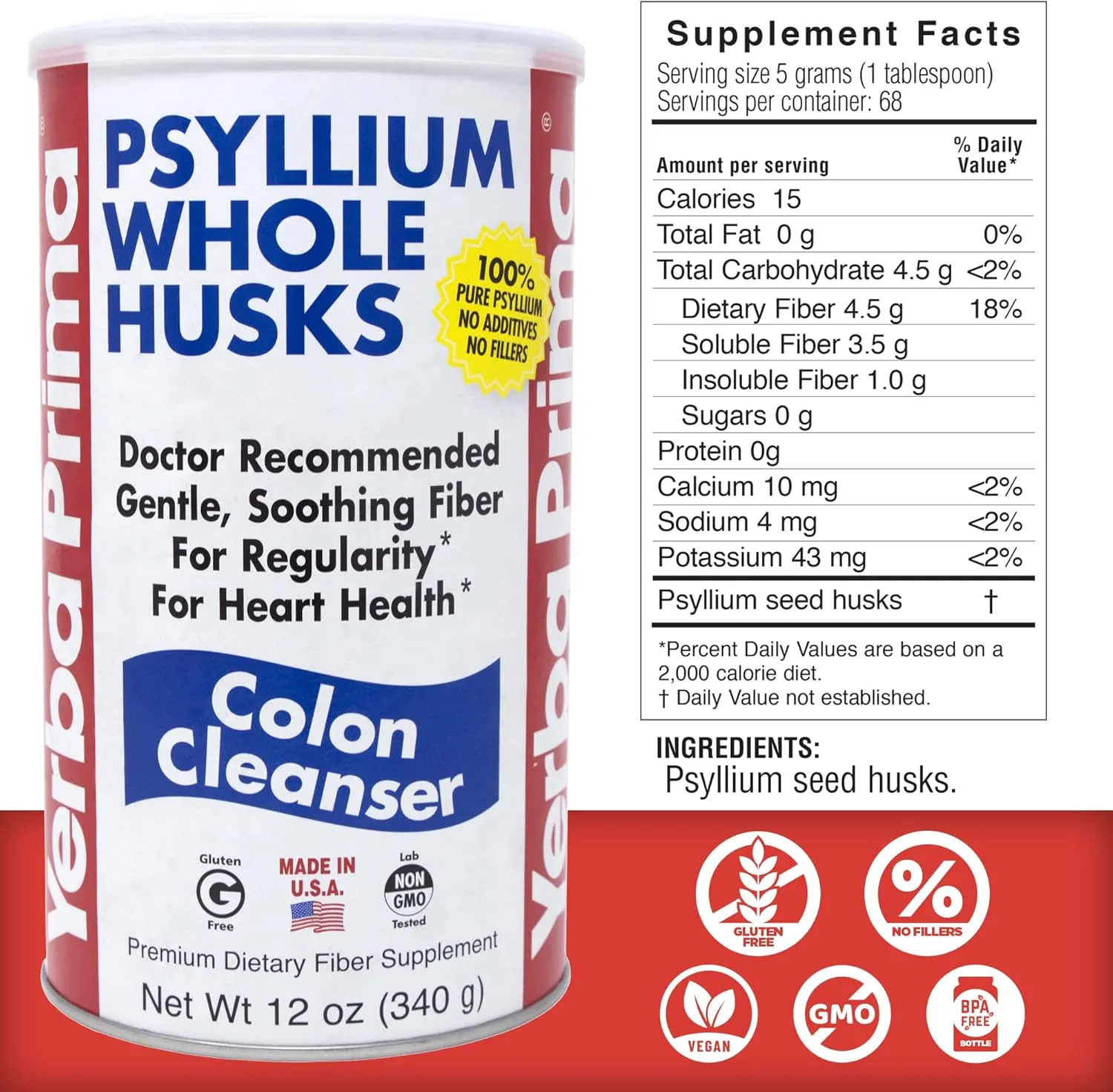 Yerba Prima Psyllium Husk, 12 Ounce (Pack of 3) - Whole Husk Fiber Supplement for Regularity, Colon Cleansing, Natural Support for Gut Health, Non GMO, Gluten Free, Vegan, No Sweeteners