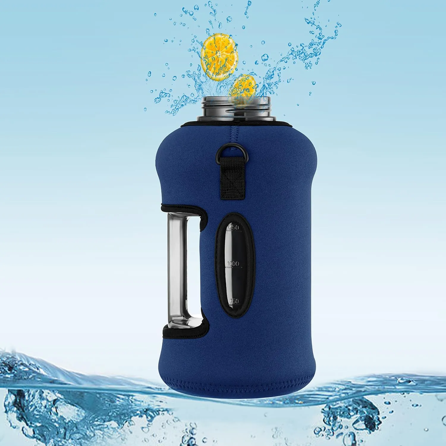 YOUCAN PLATO 74 oz Half Gallon Water Bottle with Sleeve-Large Water Bottle -Big Water Bottle-Gym Water Bottle with Straw- Gallon Water Jug with Handle -BPA Free- Leakproof, Workout bottle,Navy Blue