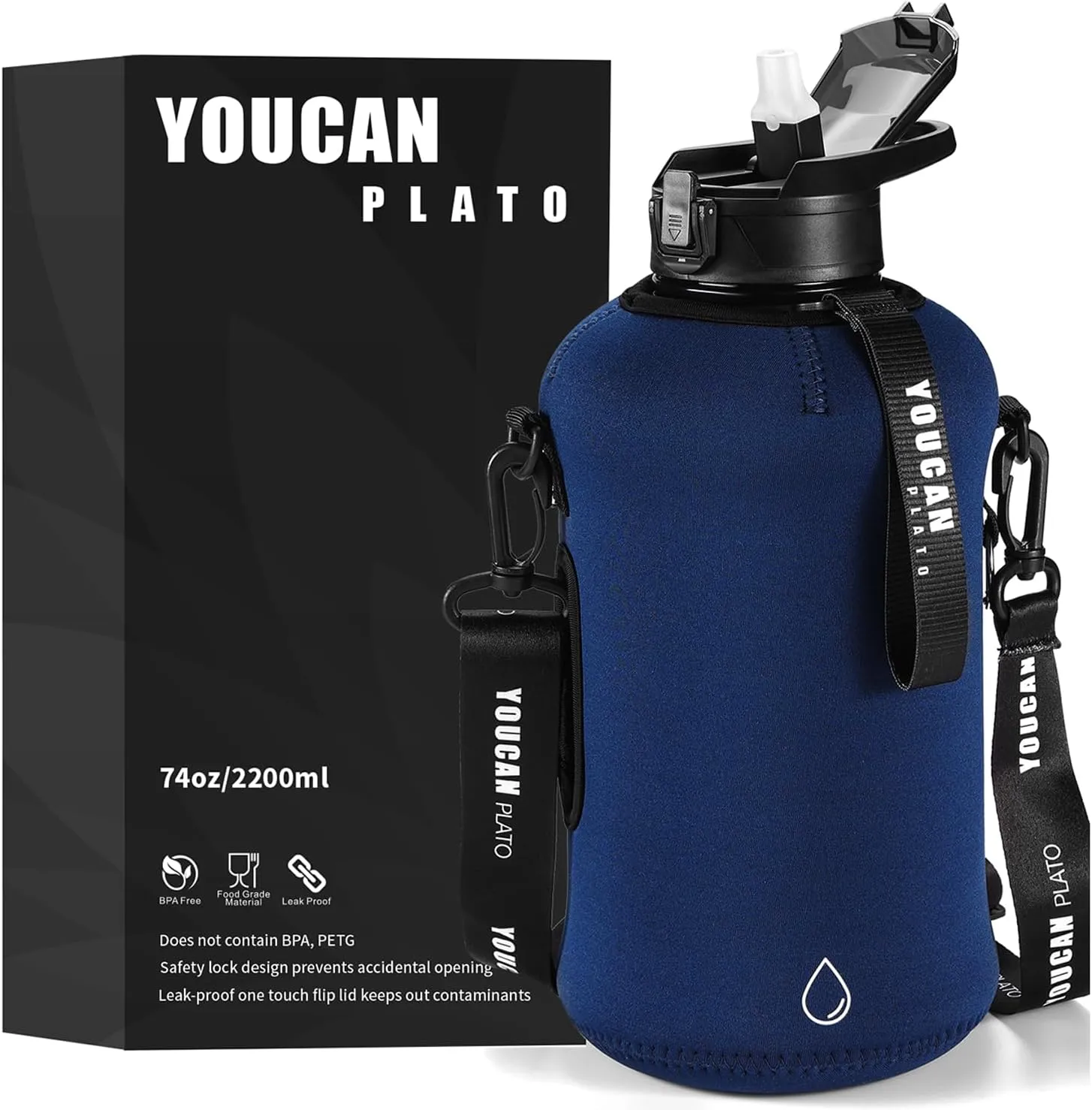 YOUCAN PLATO 74 oz Half Gallon Water Bottle with Sleeve-Large Water Bottle -Big Water Bottle-Gym Water Bottle with Straw- Gallon Water Jug with Handle -BPA Free- Leakproof, Workout bottle,Navy Blue