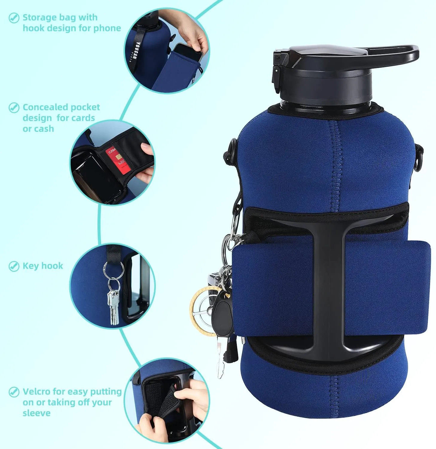 YOUCAN PLATO 74 oz Half Gallon Water Bottle with Sleeve-Large Water Bottle -Big Water Bottle-Gym Water Bottle with Straw- Gallon Water Jug with Handle -BPA Free- Leakproof, Workout bottle,Navy Blue