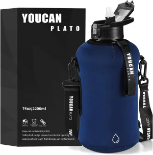 YOUCAN PLATO 74 oz Half Gallon Water Bottle with Sleeve-Large Water Bottle -Big Water Bottle-Gym Water Bottle with Straw- Gallon Water Jug with Handle -BPA Free- Leakproof, Workout bottle,Navy Blue