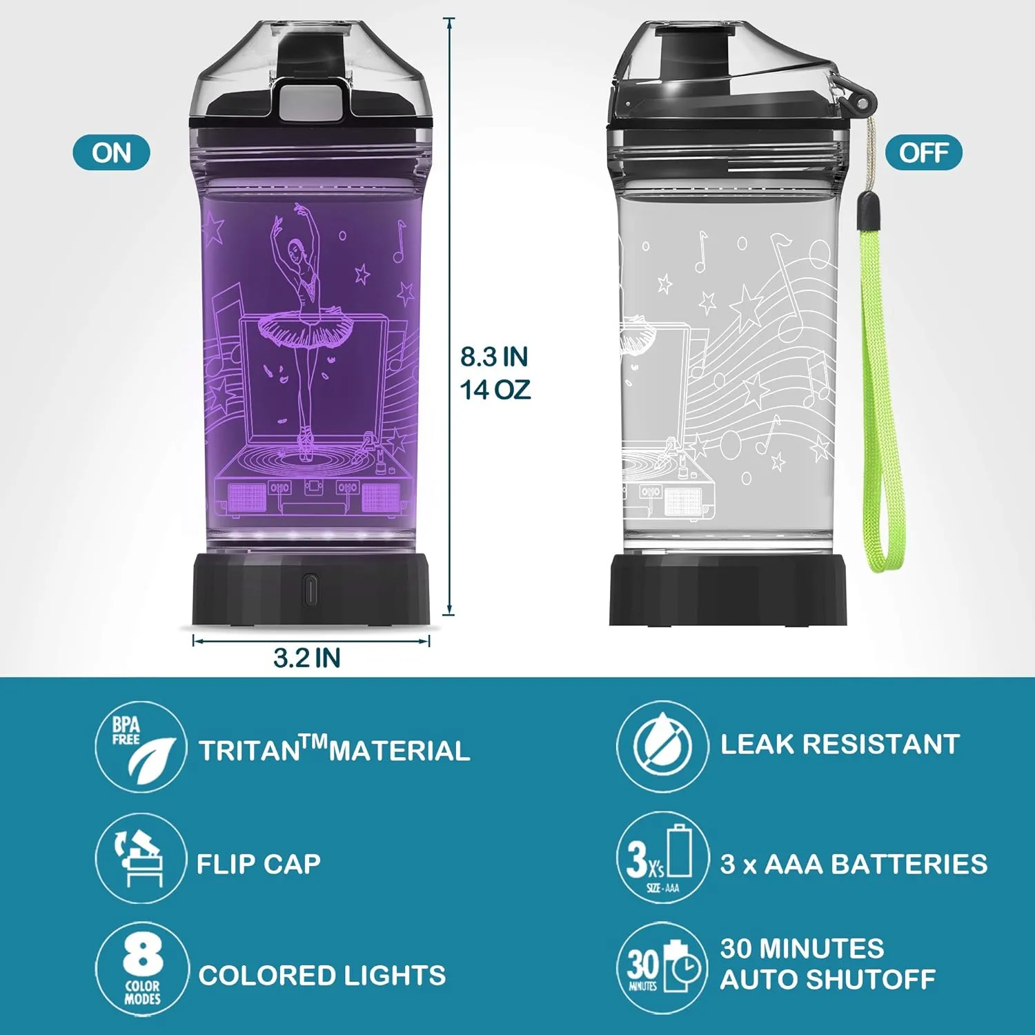 YuanDian Light Up Kids Water Bottle with 3D LED Light- 14 OZ Tritan BPA Free - 7 Color Light Cool Drinking Cups Gift for School Kids Girl Child (Ballet)