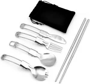 ZABEES Flatware Forks 5pcs Stainless Steel Tableware Set Foldable Camping Cutlery Set Includ Knife Fork Spoon Chopsticks for Picnic Hiking Food Grade Forks