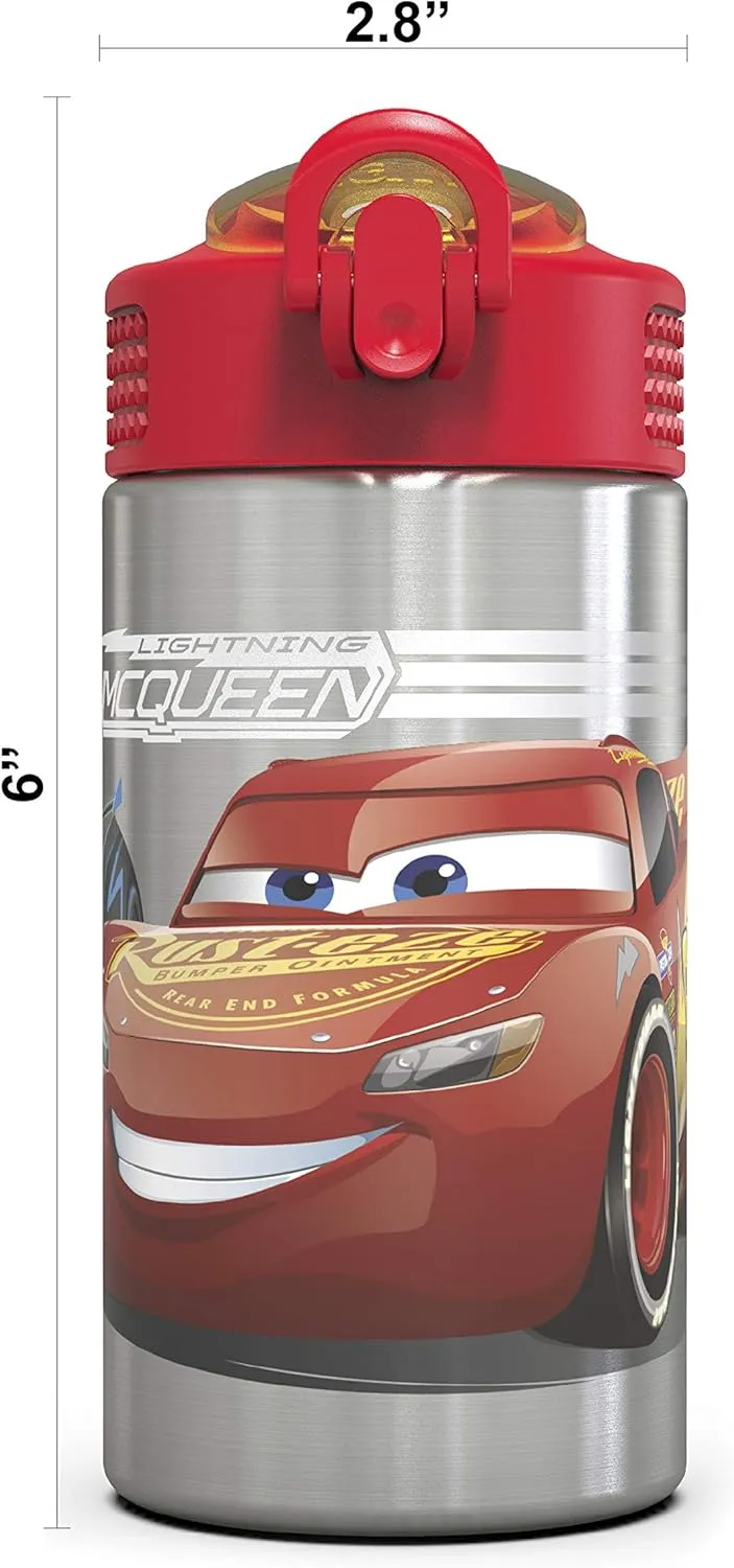 Zak Designs Disney Cars 3 - Stainless Steel Water Bottle with One Hand Operation Action Lid and Built-in Carrying Loop, Kids Water Bottle with Straw Spout is Perfect for Kids (15.5 oz, 18/8, BPA-Free)