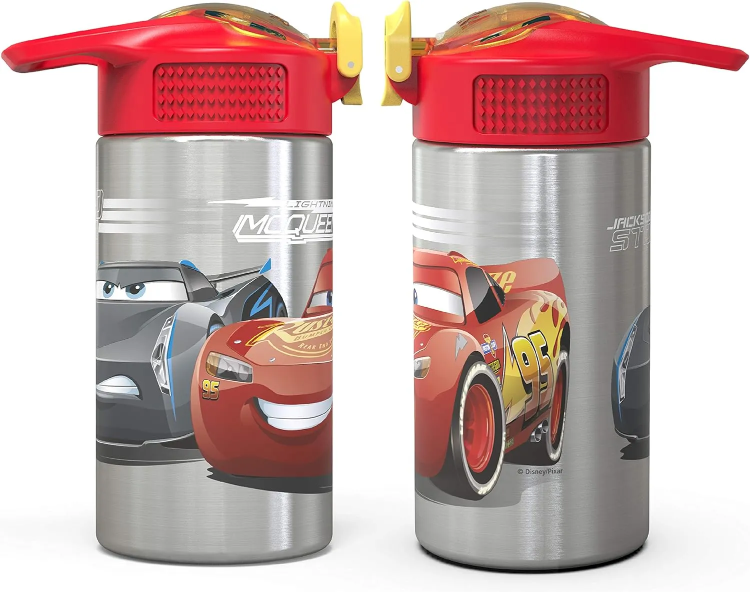 Zak Designs Disney Cars 3 - Stainless Steel Water Bottle with One Hand Operation Action Lid and Built-in Carrying Loop, Kids Water Bottle with Straw Spout is Perfect for Kids (15.5 oz, 18/8, BPA-Free)