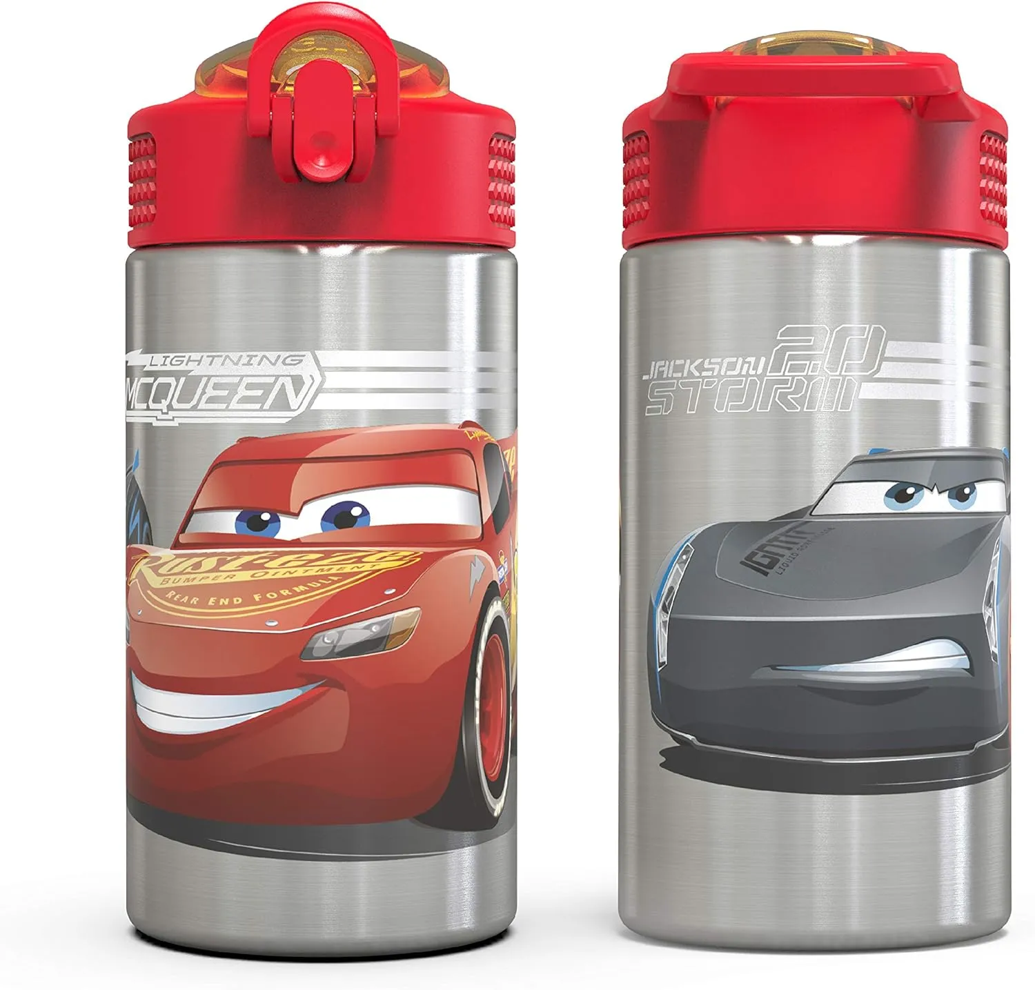 Zak Designs Disney Cars 3 - Stainless Steel Water Bottle with One Hand Operation Action Lid and Built-in Carrying Loop, Kids Water Bottle with Straw Spout is Perfect for Kids (15.5 oz, 18/8, BPA-Free)