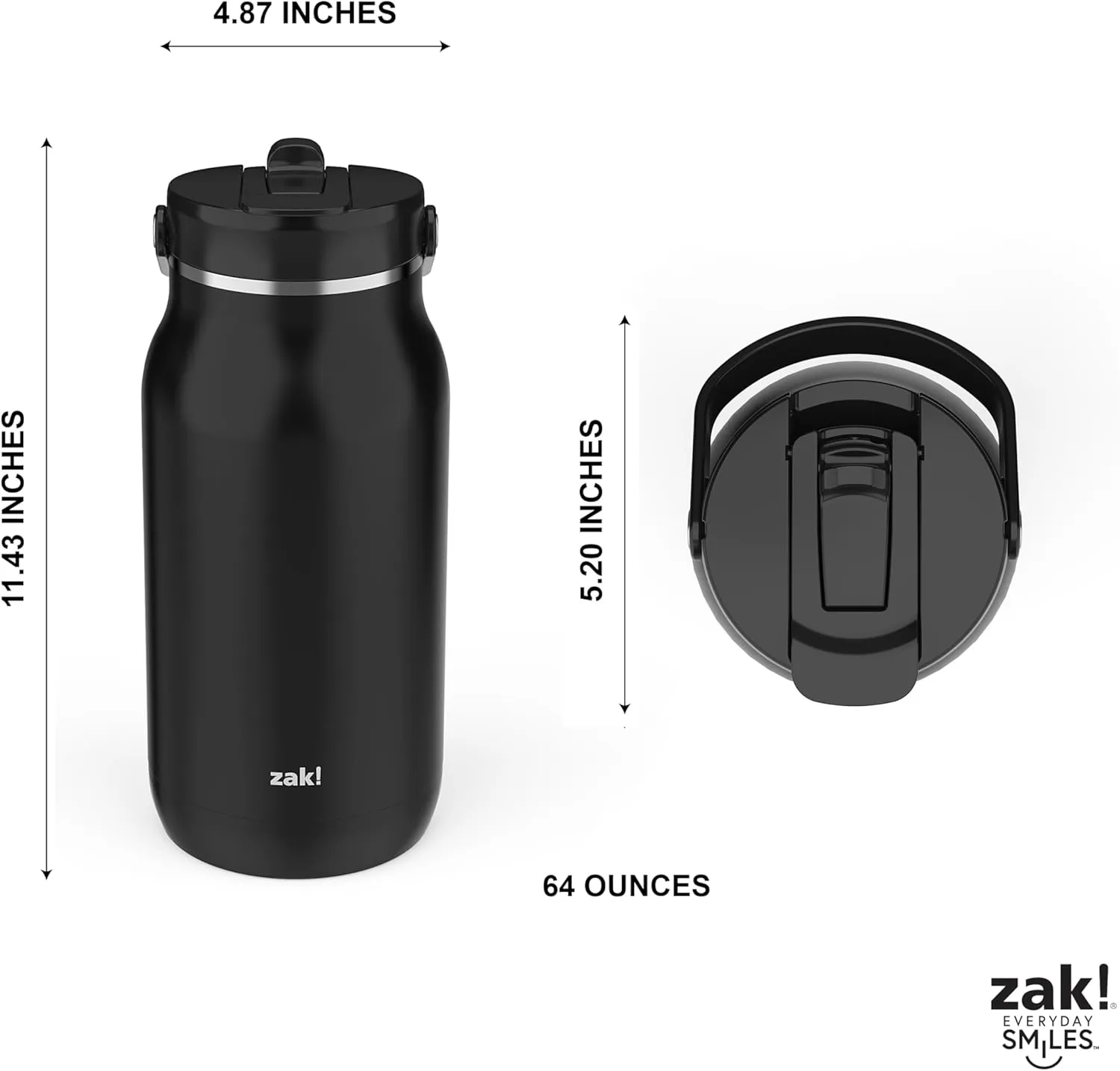 Zak Designs Harmony 2-in-1 Water Bottle for Travel or At Home, 64oz Recycled Stainless Steel is Leak-Proof When Closed and Vacuum Insulated with Handle (Ebony Black)