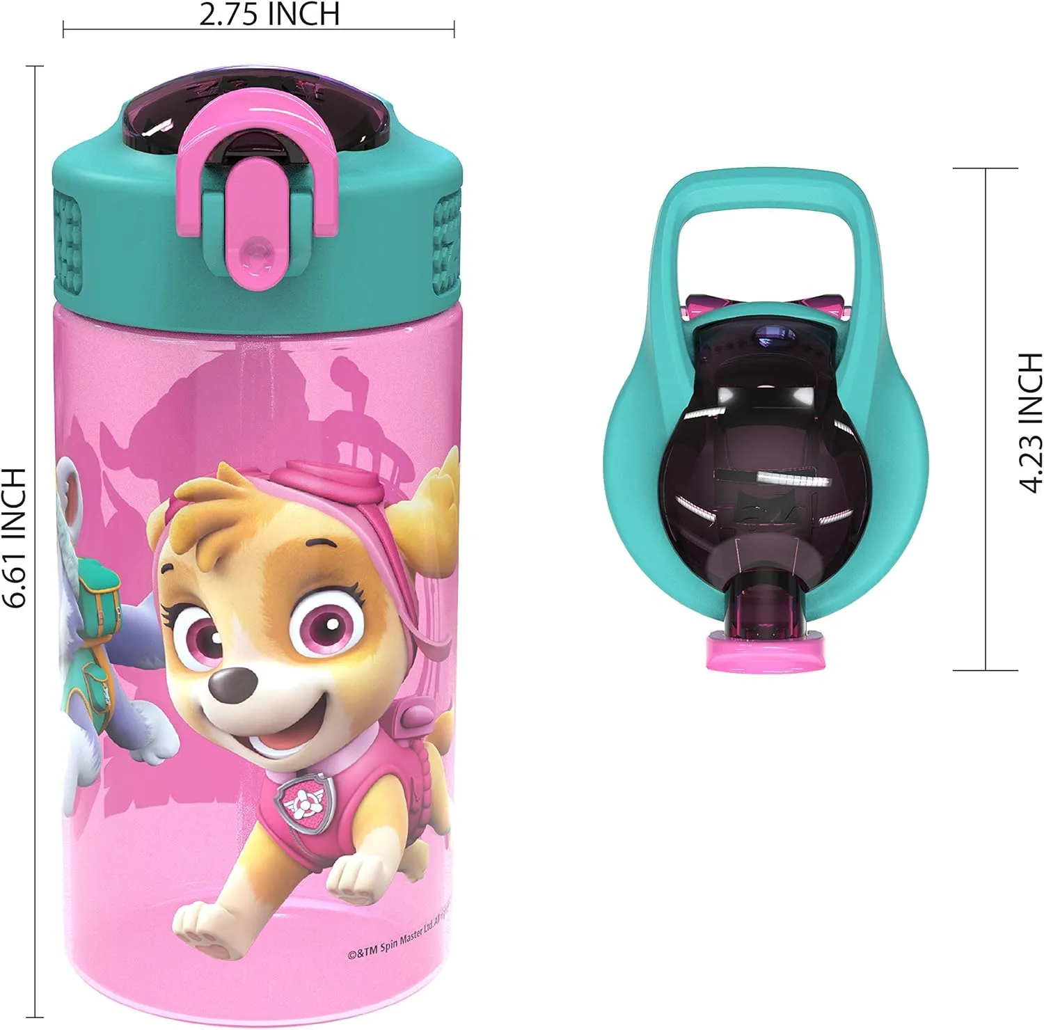 Zak Designs Kids Durable Plastic Spout Cover and Built-in Carrying Loop, Leak-Proof Water Design for Travel, (16oz, 2pc Set), Paw Patrol Skye Bottle 2pk