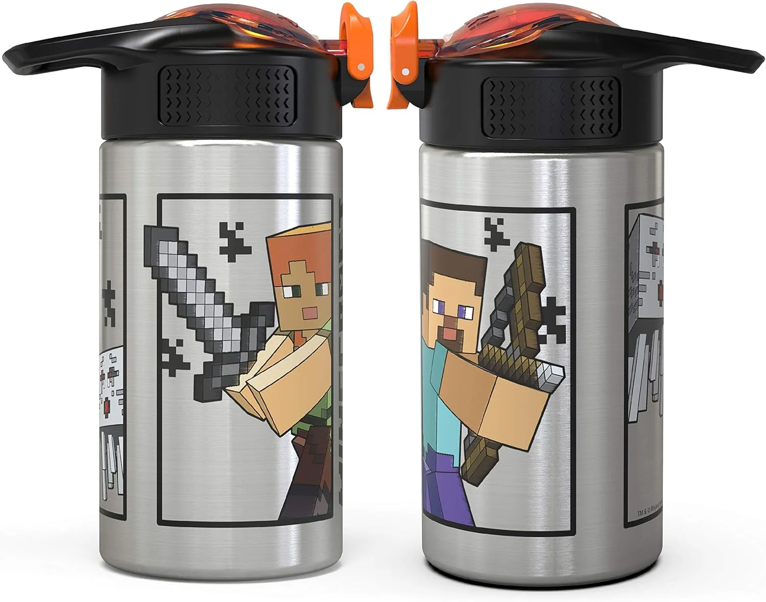 Zak Designs Minecraft - Stainless Steel Water Bottle with One Hand Operation Action Lid and Built-in Carrying Loop, with Straw Spout is Perfect for Kids (15.5 oz, 18/8, BPA-Free)