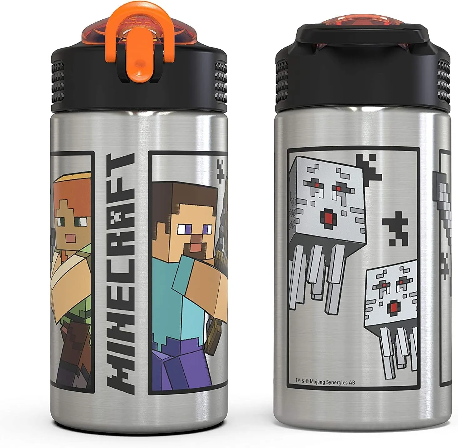 Zak Designs Minecraft - Stainless Steel Water Bottle with One Hand Operation Action Lid and Built-in Carrying Loop, with Straw Spout is Perfect for Kids (15.5 oz, 18/8, BPA-Free)