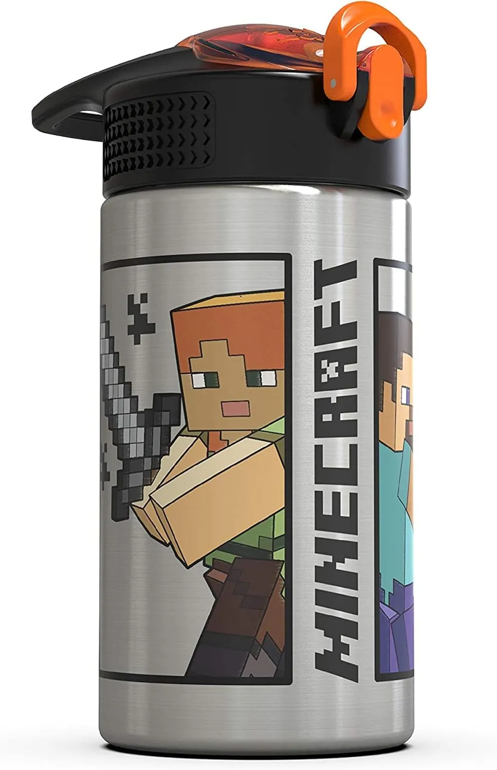 Zak Designs Minecraft - Stainless Steel Water Bottle with One Hand Operation Action Lid and Built-in Carrying Loop, with Straw Spout is Perfect for Kids (15.5 oz, 18/8, BPA-Free)