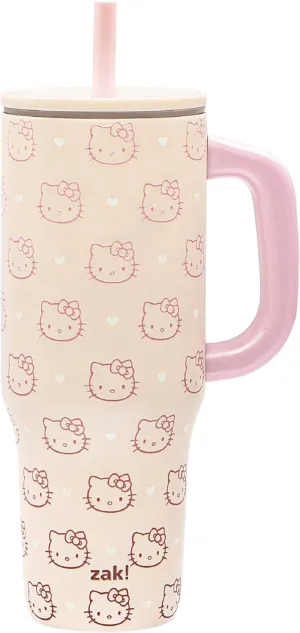 Zak Designs Sanrio Sutton Travel Tumbler for On the Go or At Home, 40oz Stainless Steel with Vacuum Insulation, Silicone Straw, Carry Handle, and 3D Artwork for Cold Drinks (Hello Kitty)