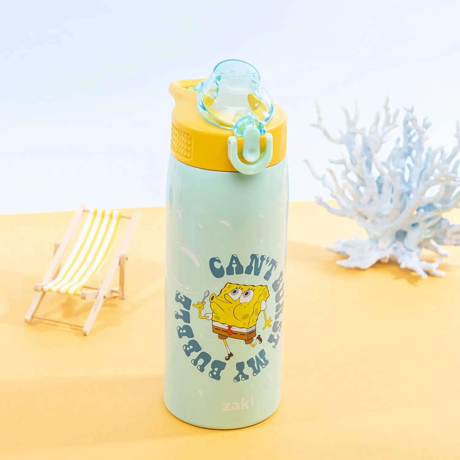Zak Designs SpongeBob SquarePants Sage Kids Water Bottle For School or Travel, 19oz Stainless Steel Water Bottle With Straw, Handle, and Leak-Proof, Pop-Up Spout Cover (SpongeBob and Patrick)