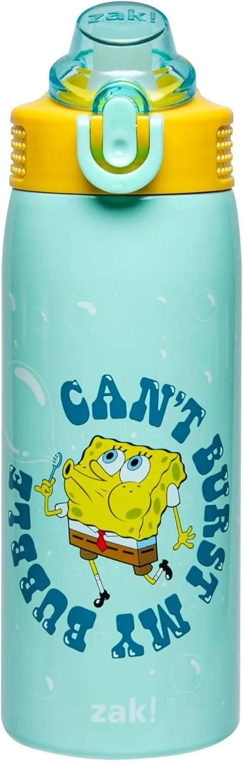 Zak Designs SpongeBob SquarePants Sage Kids Water Bottle For School or Travel, 19oz Stainless Steel Water Bottle With Straw, Handle, and Leak-Proof, Pop-Up Spout Cover (SpongeBob and Patrick)