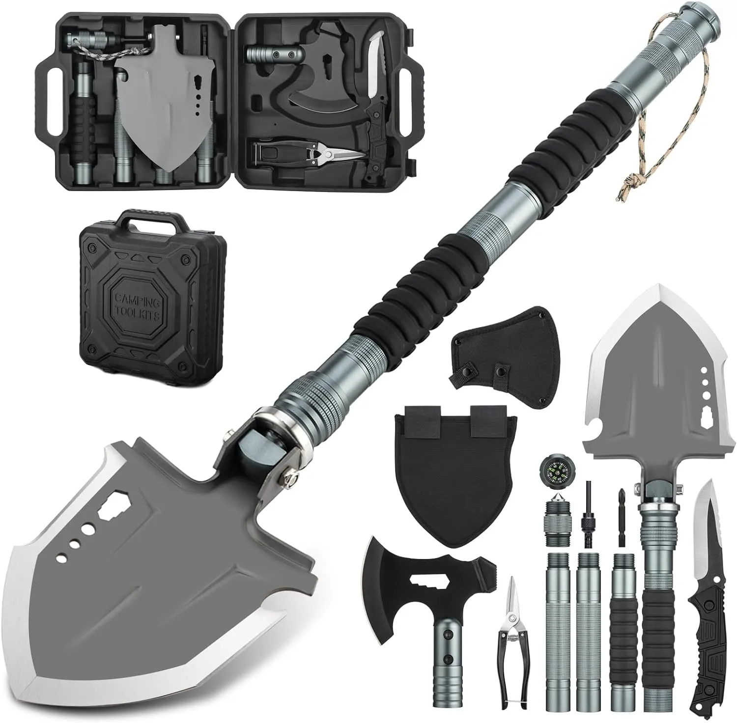 ZENHOSIT Survival Shovel with Axe, Camping Gear Folding Shovel Tactical Hatchet with 19.7-39.3inch Lengthened Handle - 24 in 1 Survival Tool Kit for Outdoor Camping Fishing Hiking