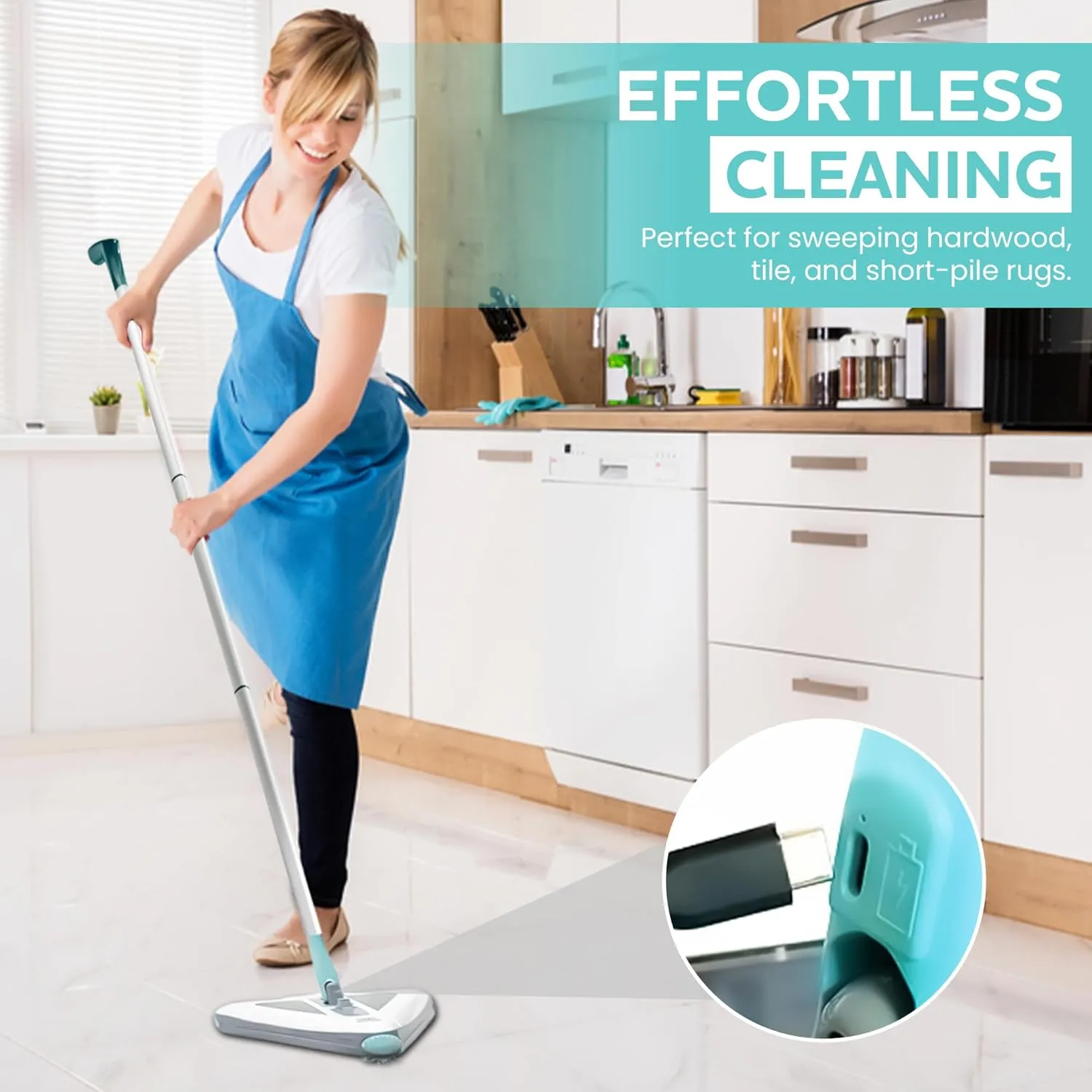 Zippi Sweeper Pro - 2025 New and Improved Lightweight Sweeper, Perfect for Short Carpet Hardwood and Tile, Triangular Design Allows for Sweeping in Corners, LED Light, 1 Hr Cleaning Time