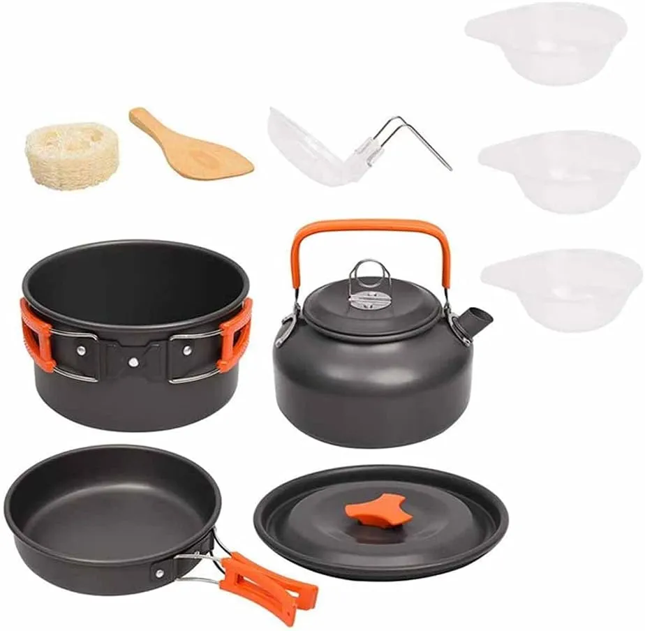 ZJHYXYH Camping Cookware Kit Outdoor Aluminum Cooking Set Water Kettle Pan Pot Travelling Hiking Picnic BBQ Tableware Equipment (Color : E)
