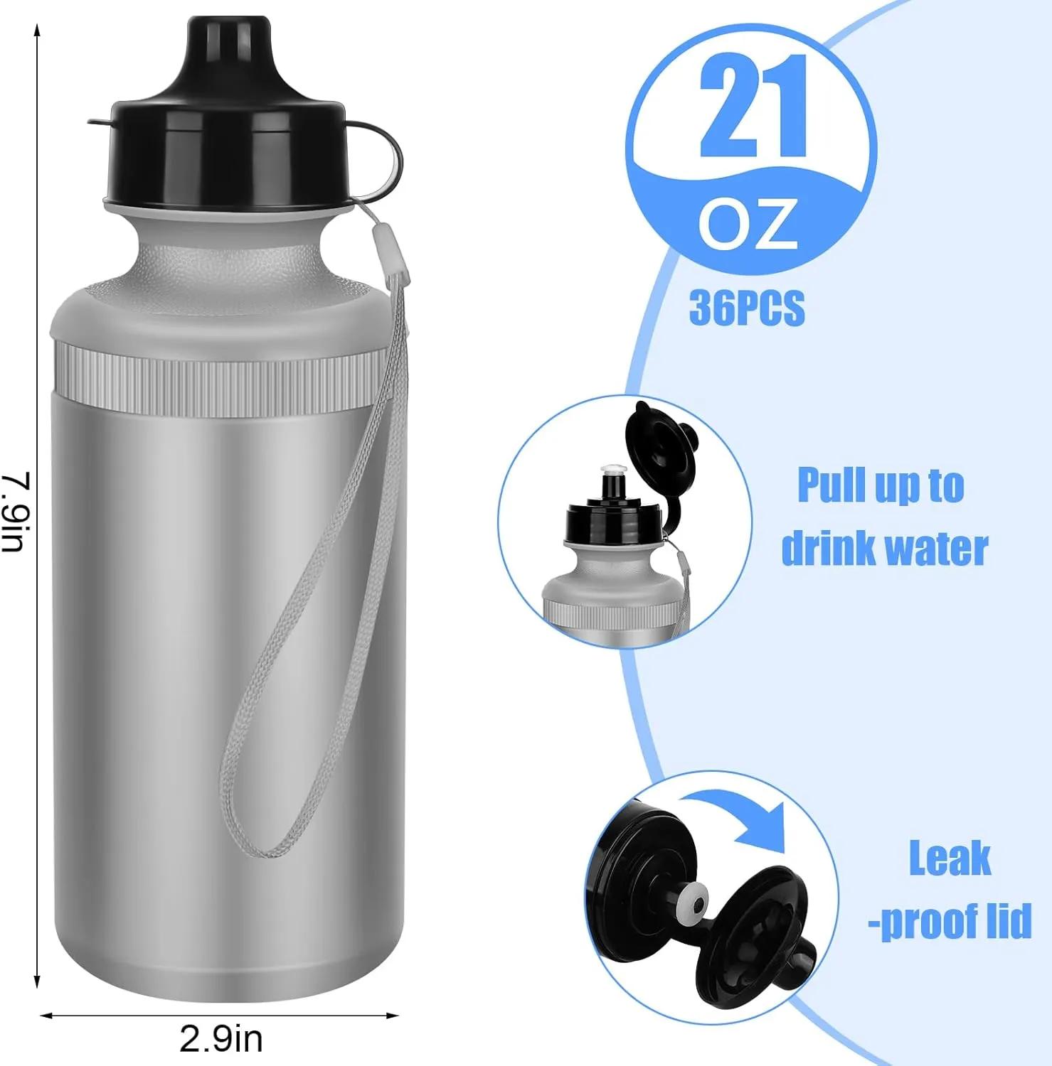 Zubebe 36 Pcs Sport Water Bottles Bulk 21 oz Squeeze Reusable BPA-Free Plastic Water Bottle with Nylon Strap Leak Proof Blank DIY Cup for School Football Team Beach Summer Grad Gift