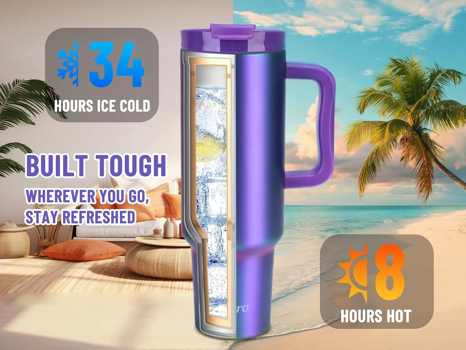 Zukro 50 oz Tumbler With Handle and Flip Straw, Leak Proof Lid, Insulated Stainless Steel Reusable Gym Water Bottle, Large Travel Cup Fit in Cupholder, BPA-Free, Gift for Women & Men, Aurora