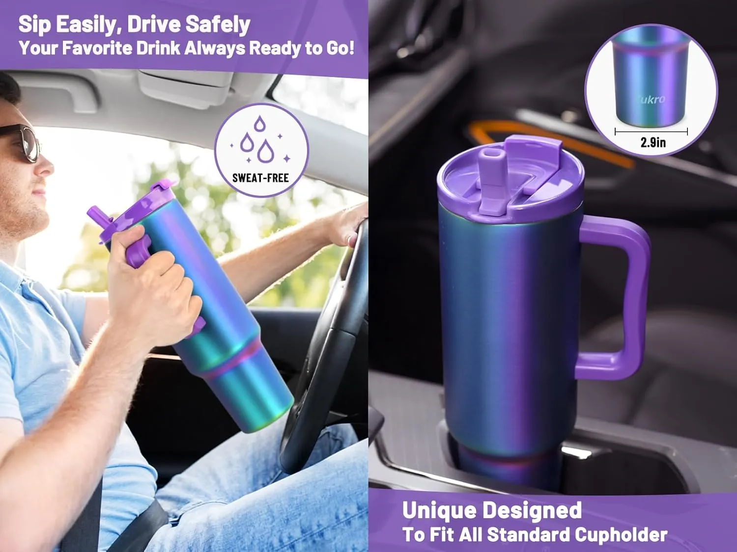 Zukro 50 oz Tumbler With Handle and Flip Straw, Leak Proof Lid, Insulated Stainless Steel Reusable Gym Water Bottle, Large Travel Cup Fit in Cupholder, BPA-Free, Gift for Women & Men, Aurora
